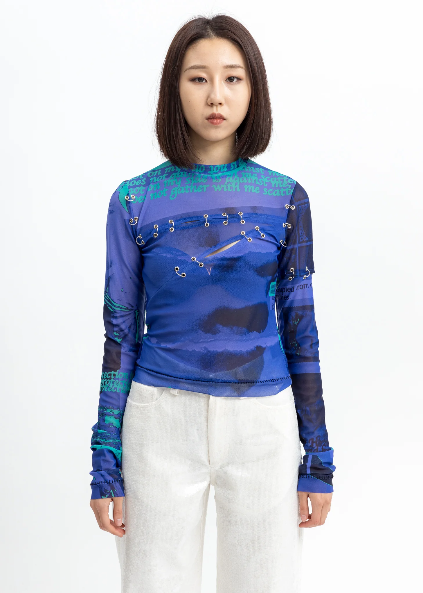 Purple Pierced Sheer Long Sleeves Top