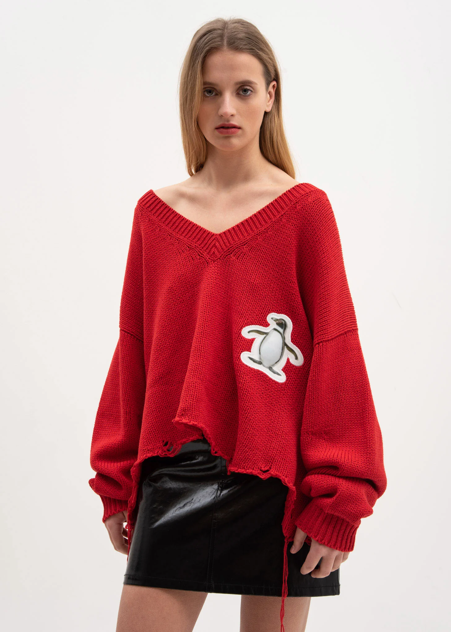 Red 3D Patch Cut Off Sweater