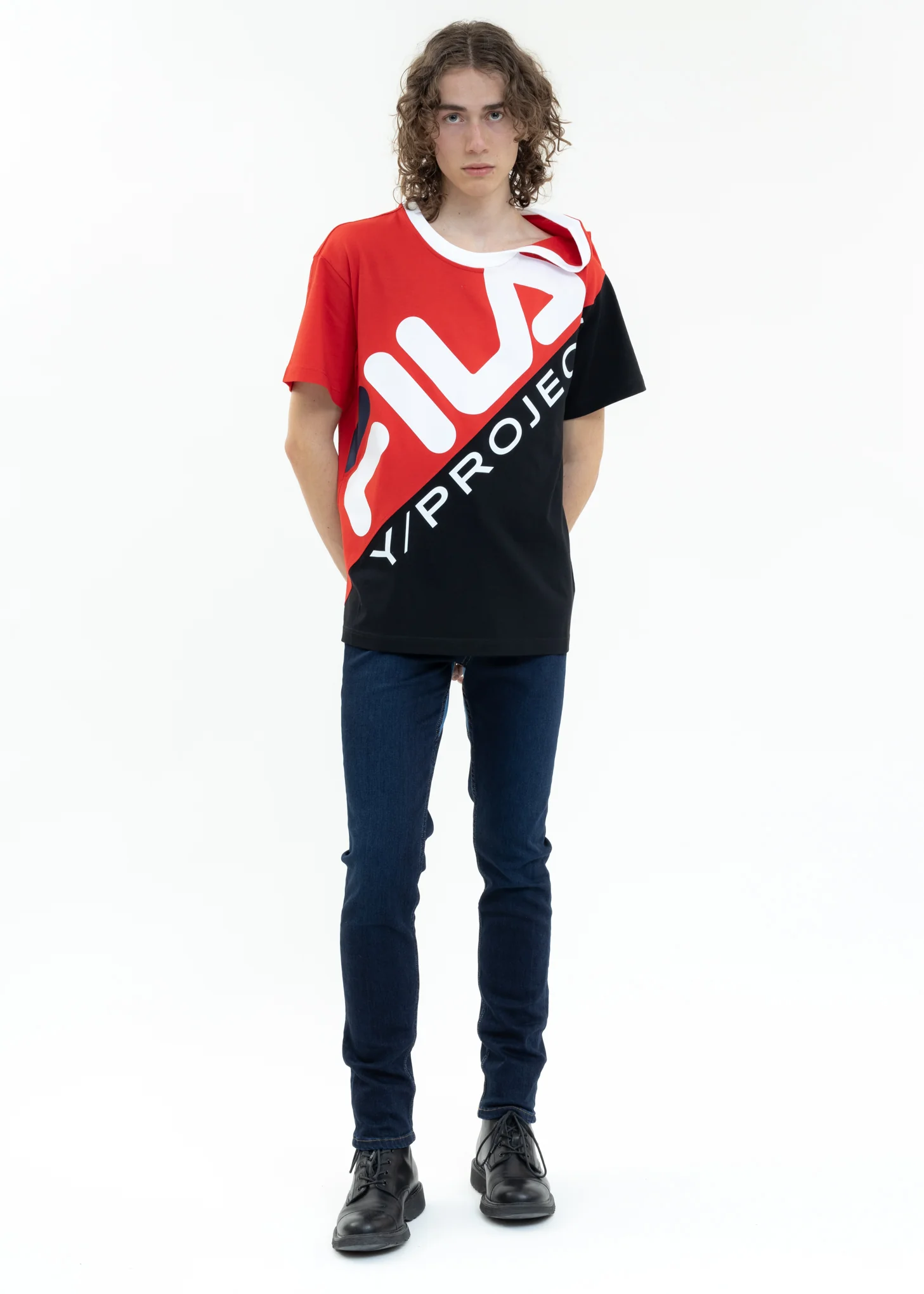 Red And Black Y/PROJECT X FILA CLIP SHOULDER T-Shirt - Image 5
