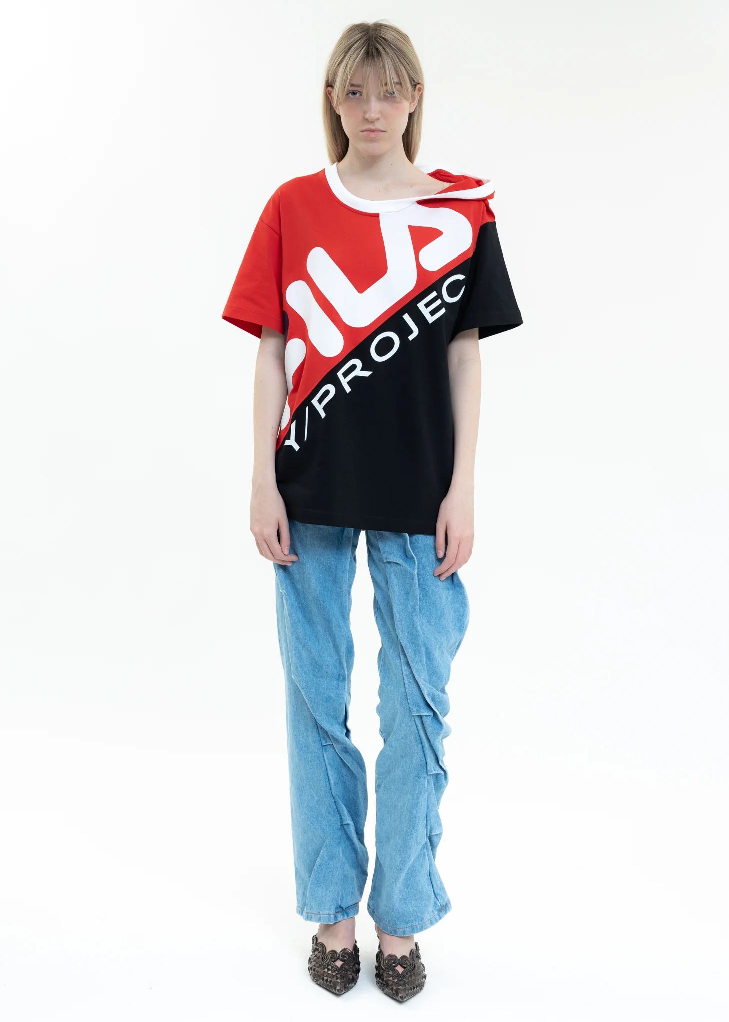 Red And Black Y/PROJECT X FILA CLIP SHOULDER T-Shirt - Image 5