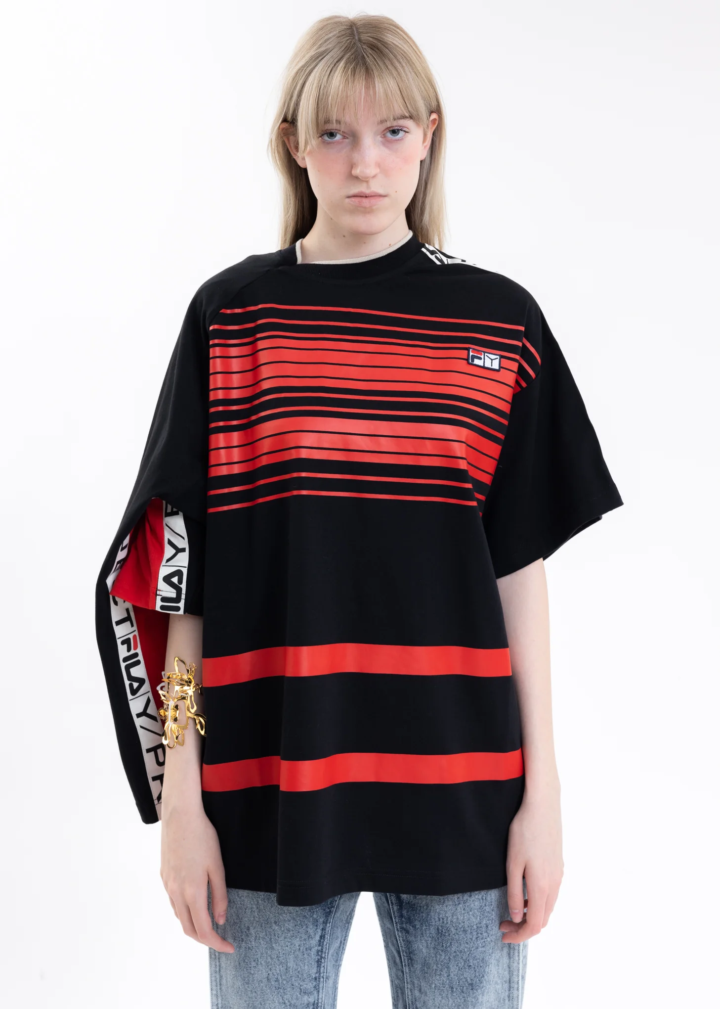 Red And Black Y/PROJECT X FILA REVERSIBLE STRIPE T-Shirt - Image 2