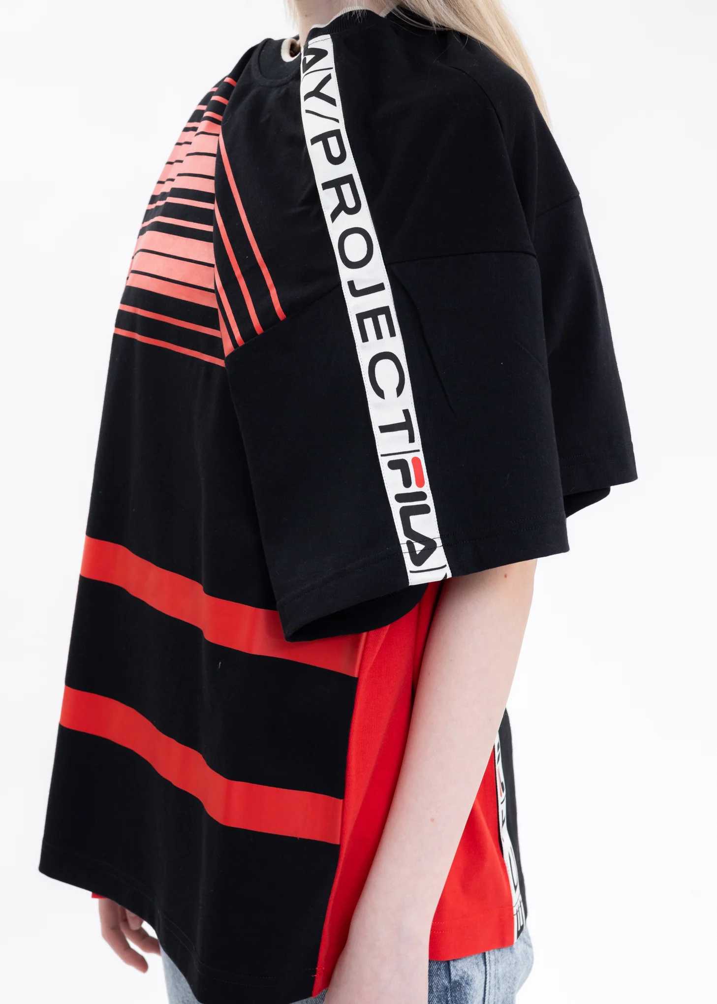 Red And Black Y/PROJECT X FILA REVERSIBLE STRIPE T-Shirt - Image 6