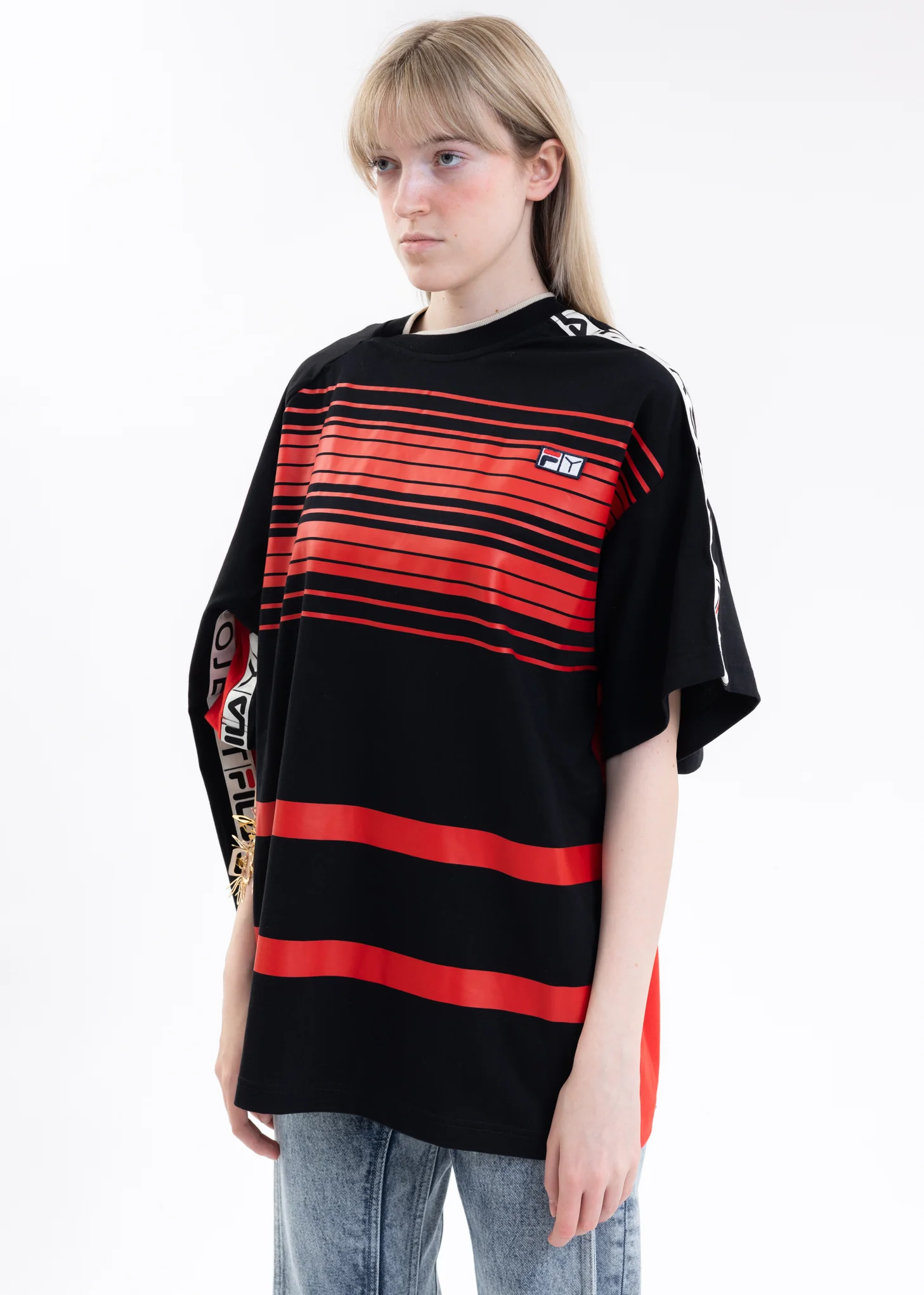 Red And Black Y/PROJECT X FILA REVERSIBLE STRIPE T-Shirt - Image 7