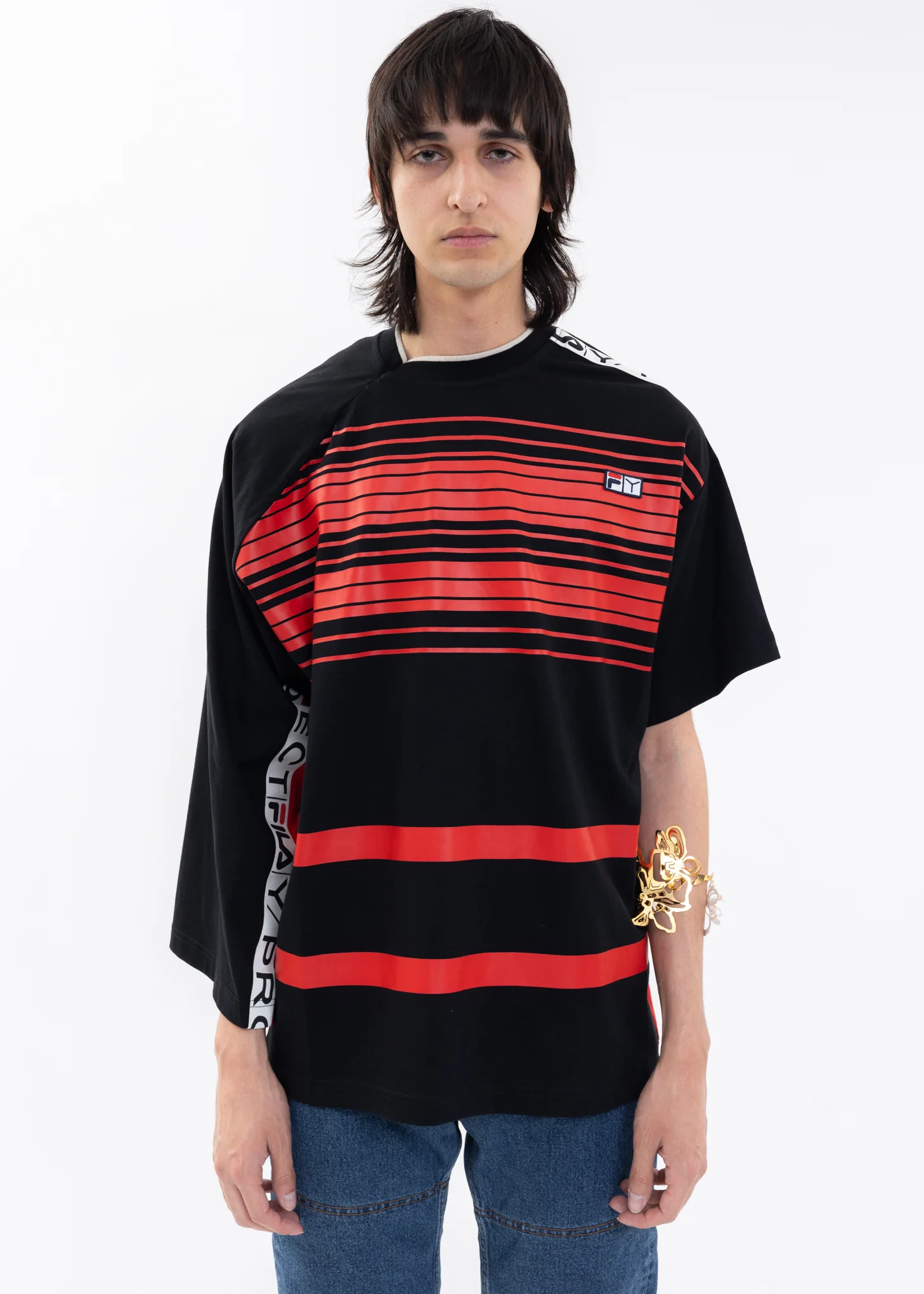 Red And Black Y/PROJECT X FILA REVERSIBLE STRIPE T-Shirt