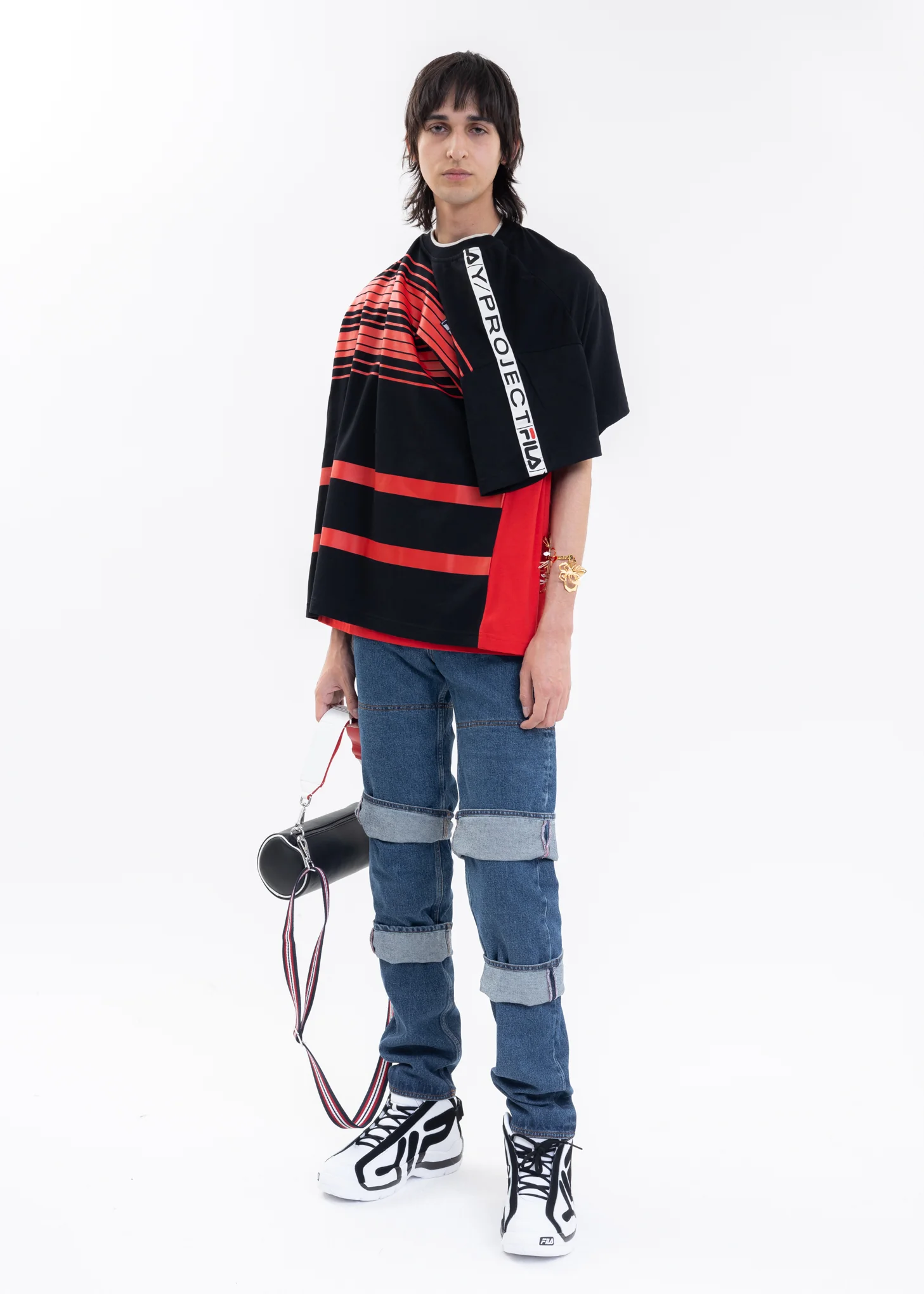 Red And Black Y/PROJECT X FILA REVERSIBLE STRIPE T-Shirt - Image 10
