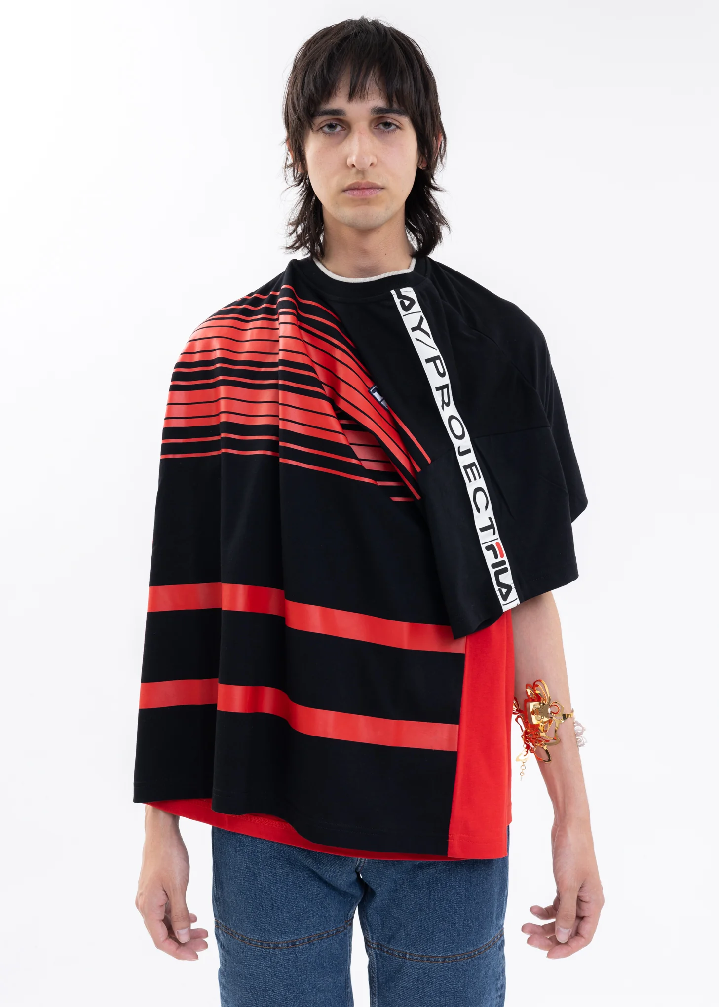 Red And Black Y/PROJECT X FILA REVERSIBLE STRIPE T-Shirt - Image 2
