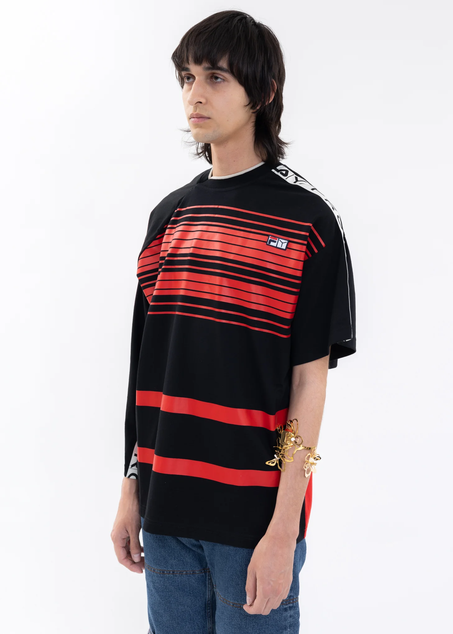 Red And Black Y/PROJECT X FILA REVERSIBLE STRIPE T-Shirt - Image 3
