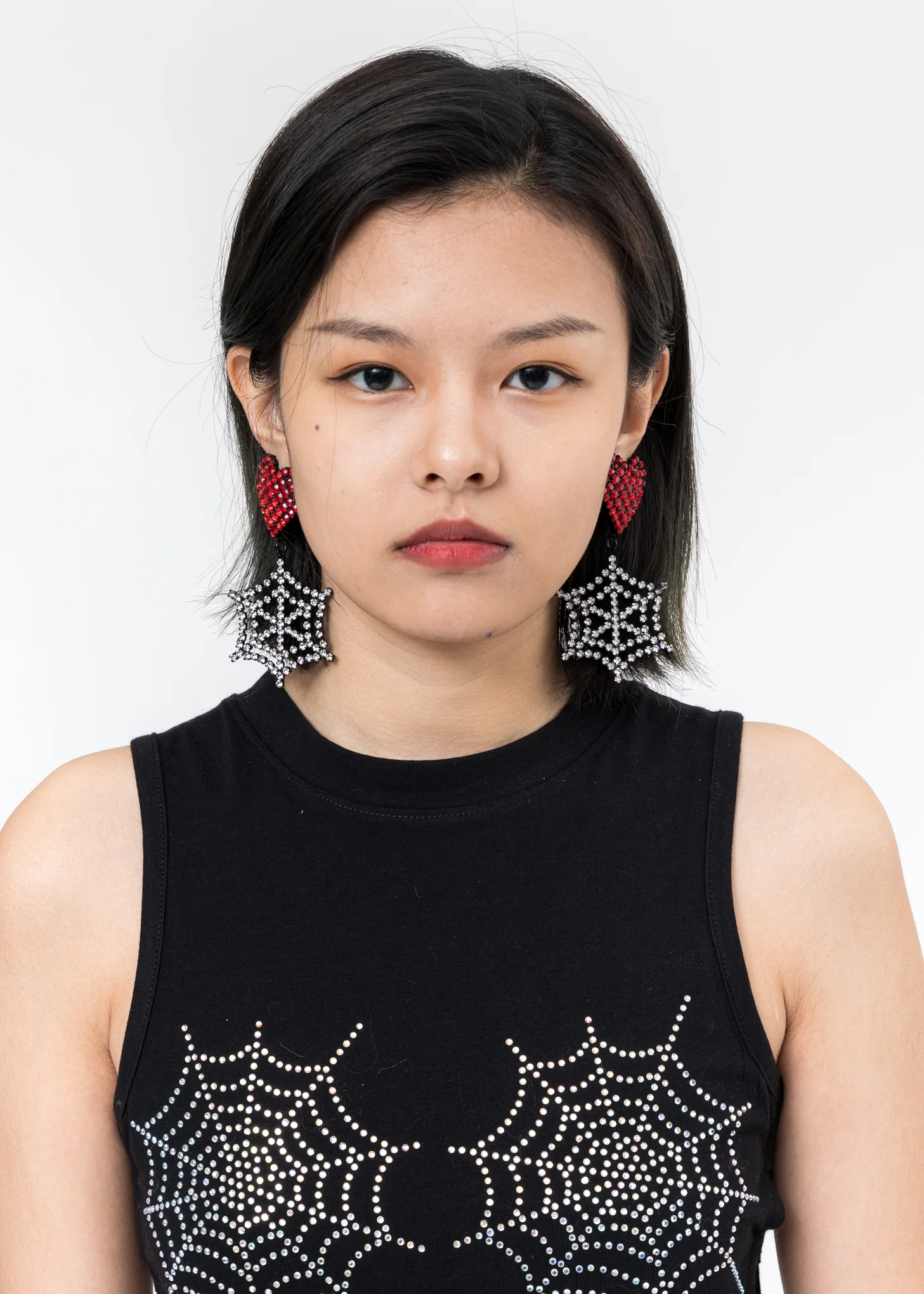 Red and Clear Crystal Heart Cobweb Earring - Image 2