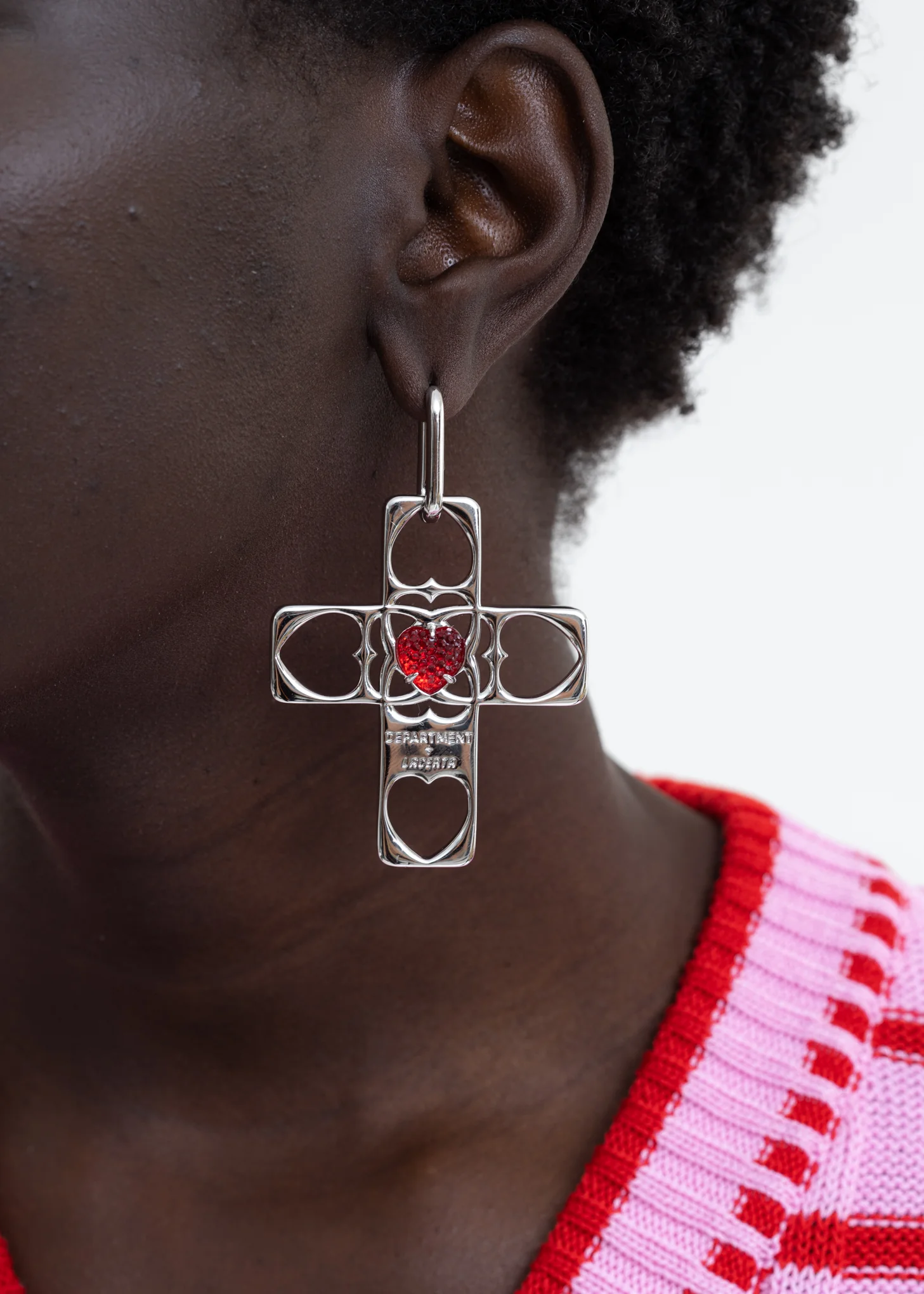 Red And Silver Hearts Cross Earring - Single - Image 2
