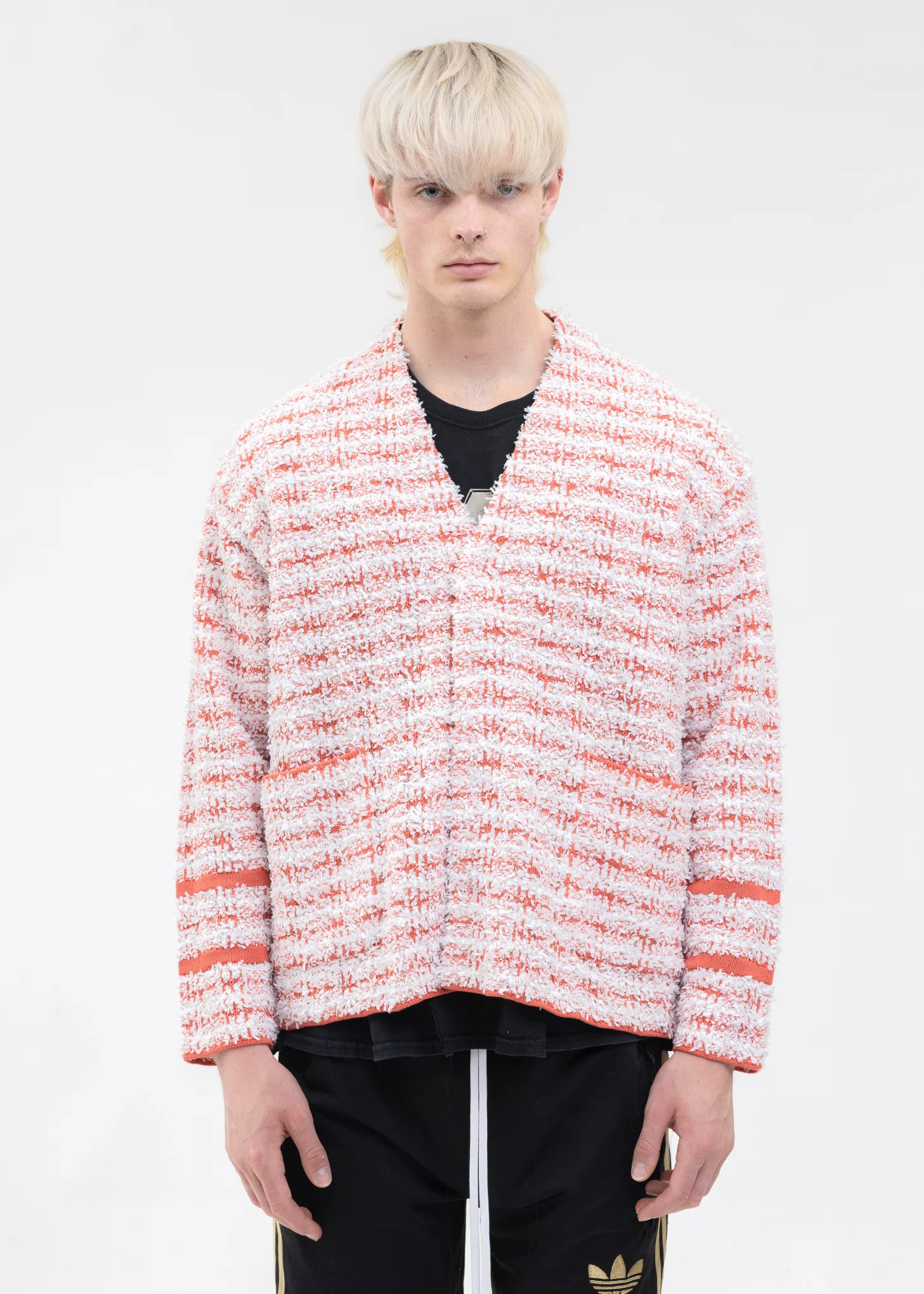 Red And White TWEED KNIT CARDIGAN JACKET