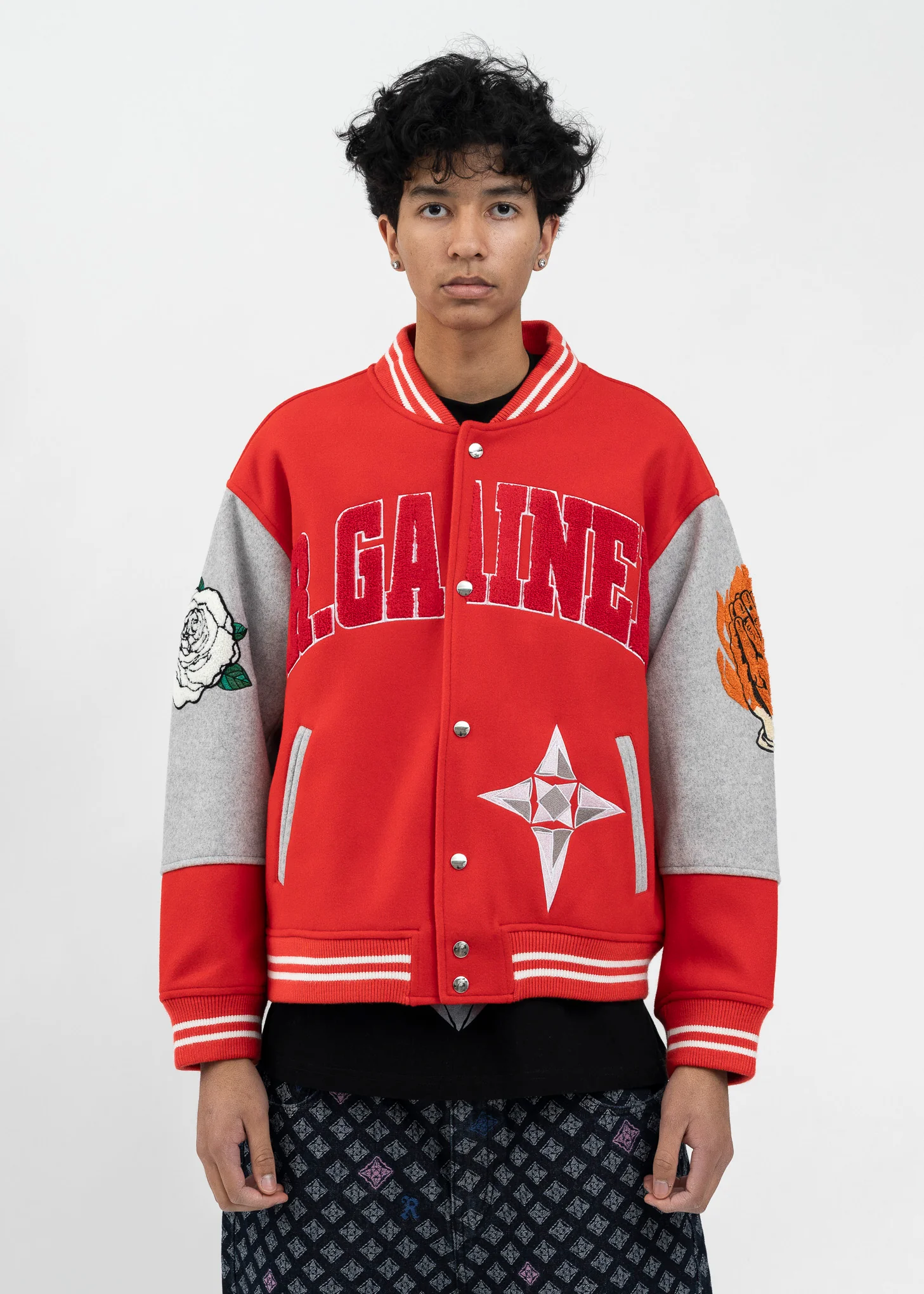 RED/GREY ROSE EMBROIDERY PATCHWORK  BOMBER JACKET