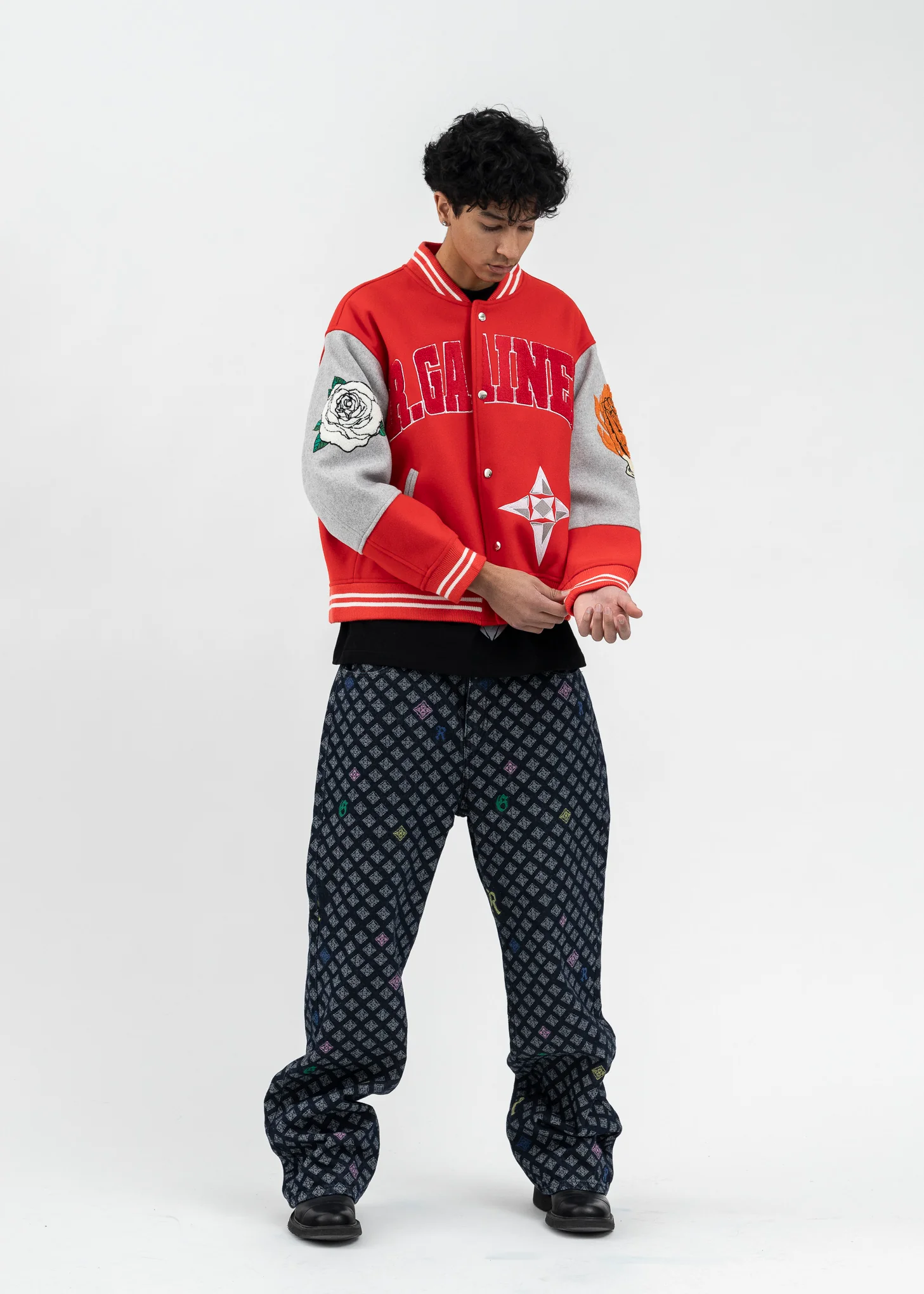 RED/GREY ROSE EMBROIDERY PATCHWORK  BOMBER JACKET - Image 5