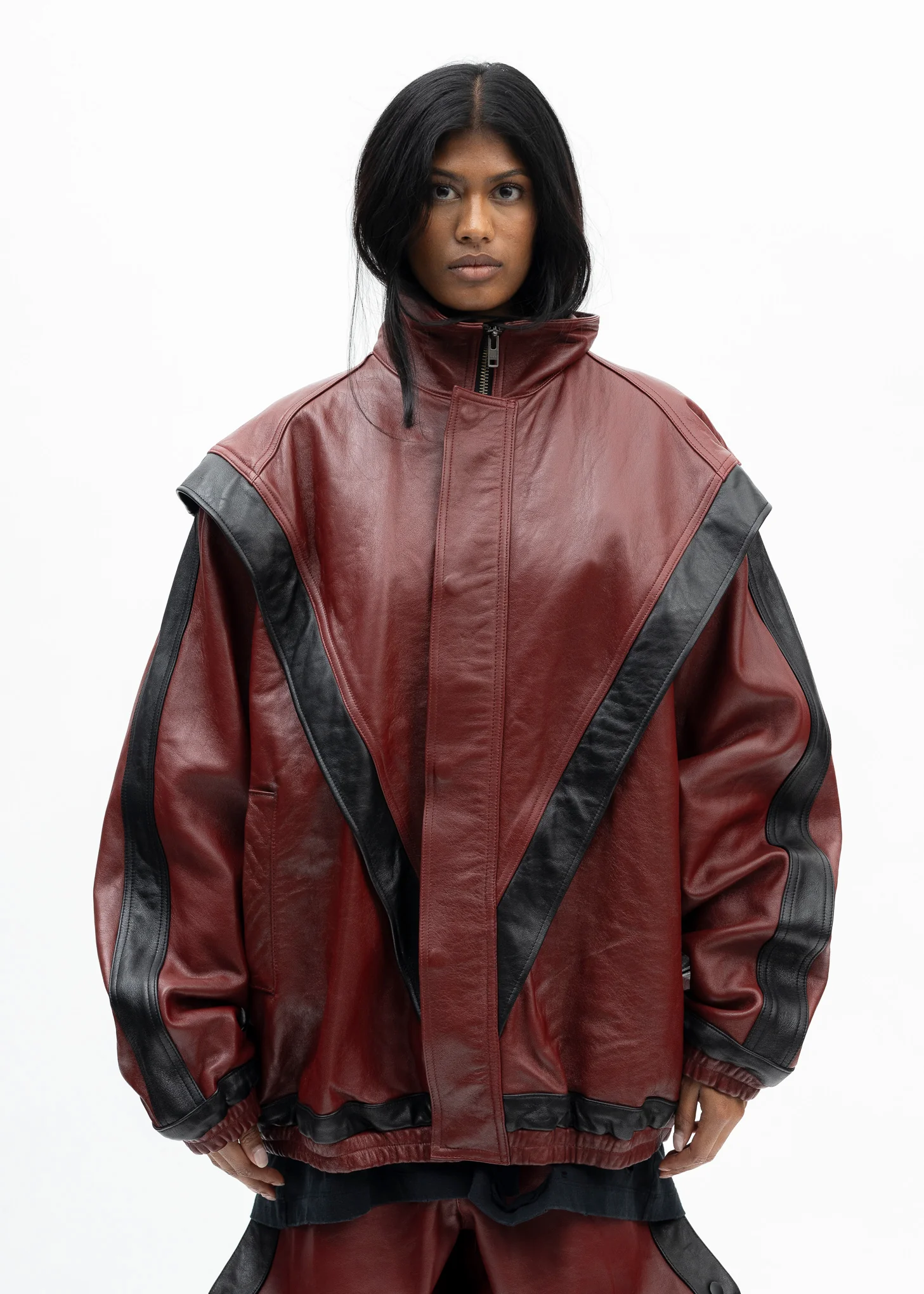 RED LEATHER TRACK JACKET