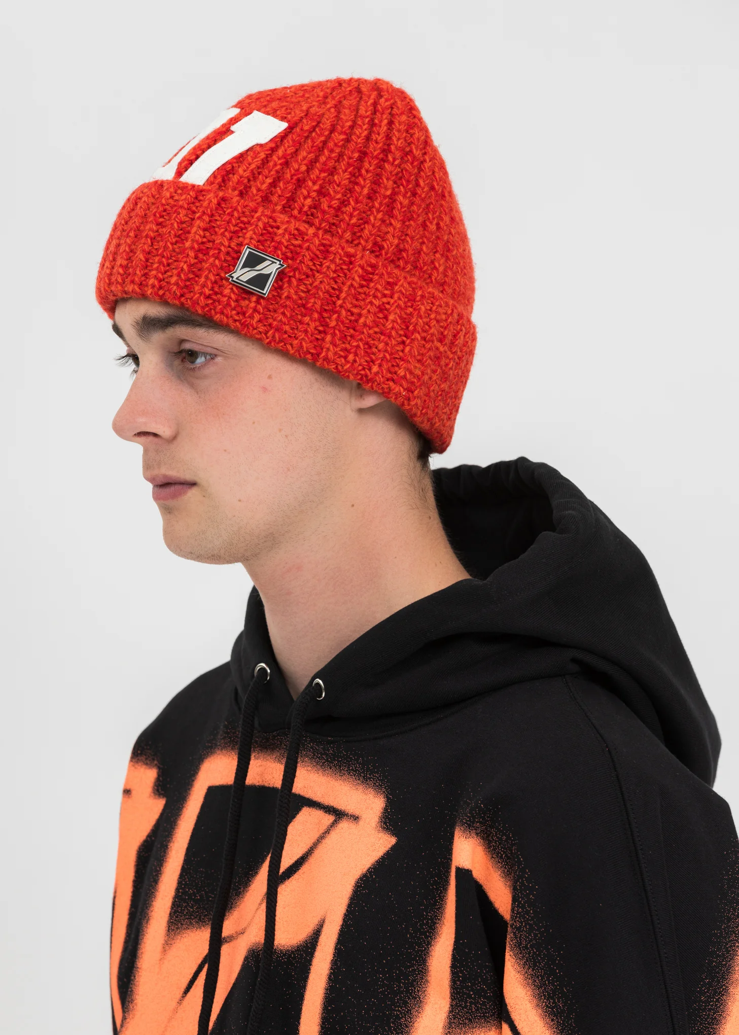 Red Logo Leather Patch Embroidered Beanie