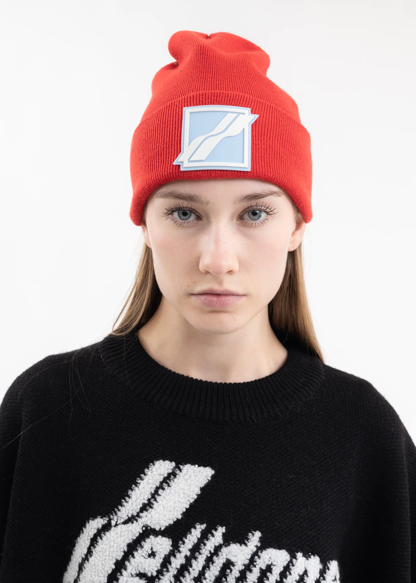 Red Logo Patched Wide Rib Beanie