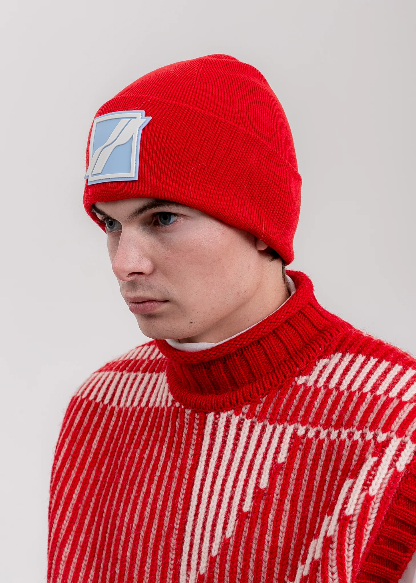 Red Logo Patched Wide Rib Beanie