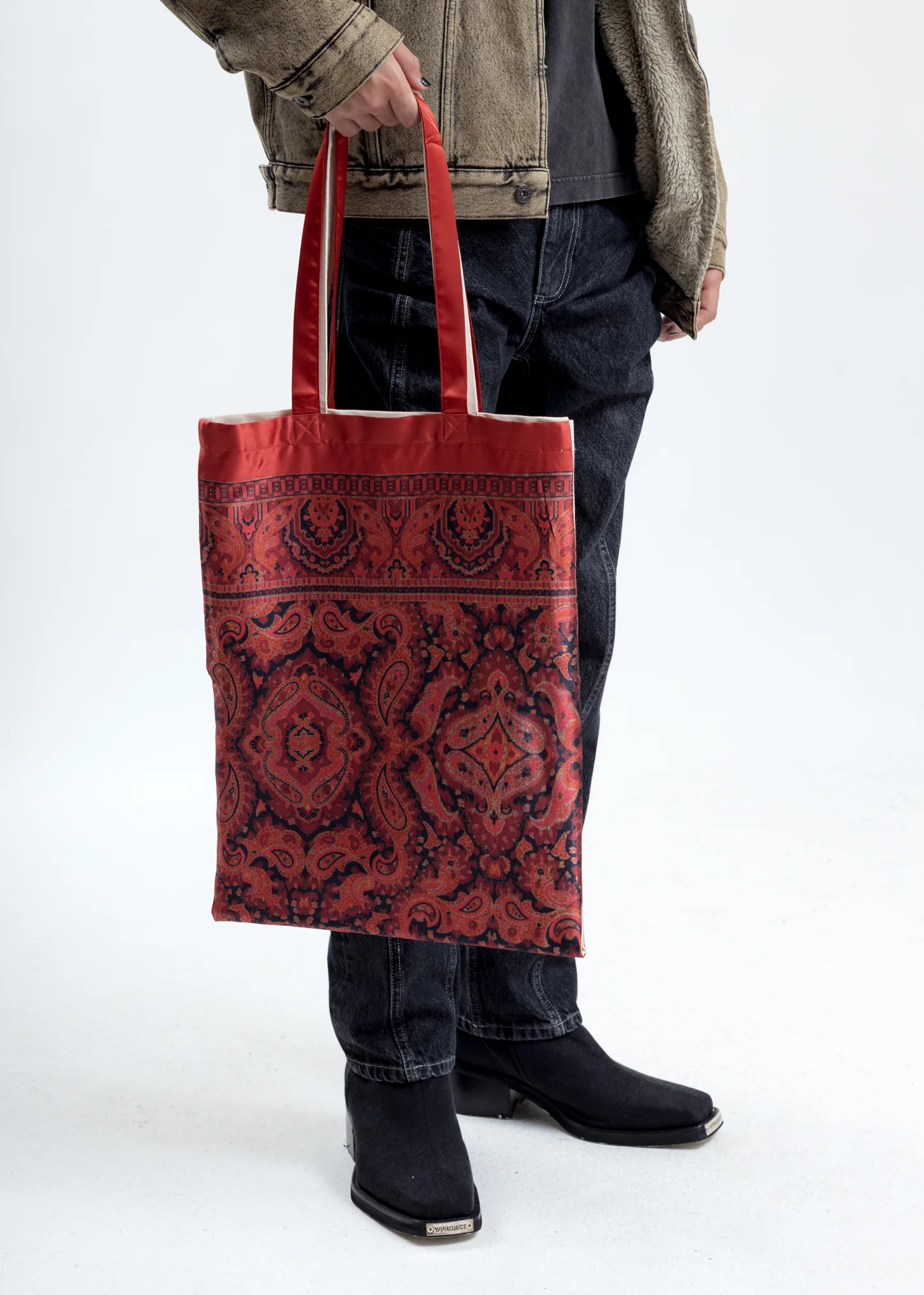 Reversible Red And Beige Scarf Tote Bag - Image 5