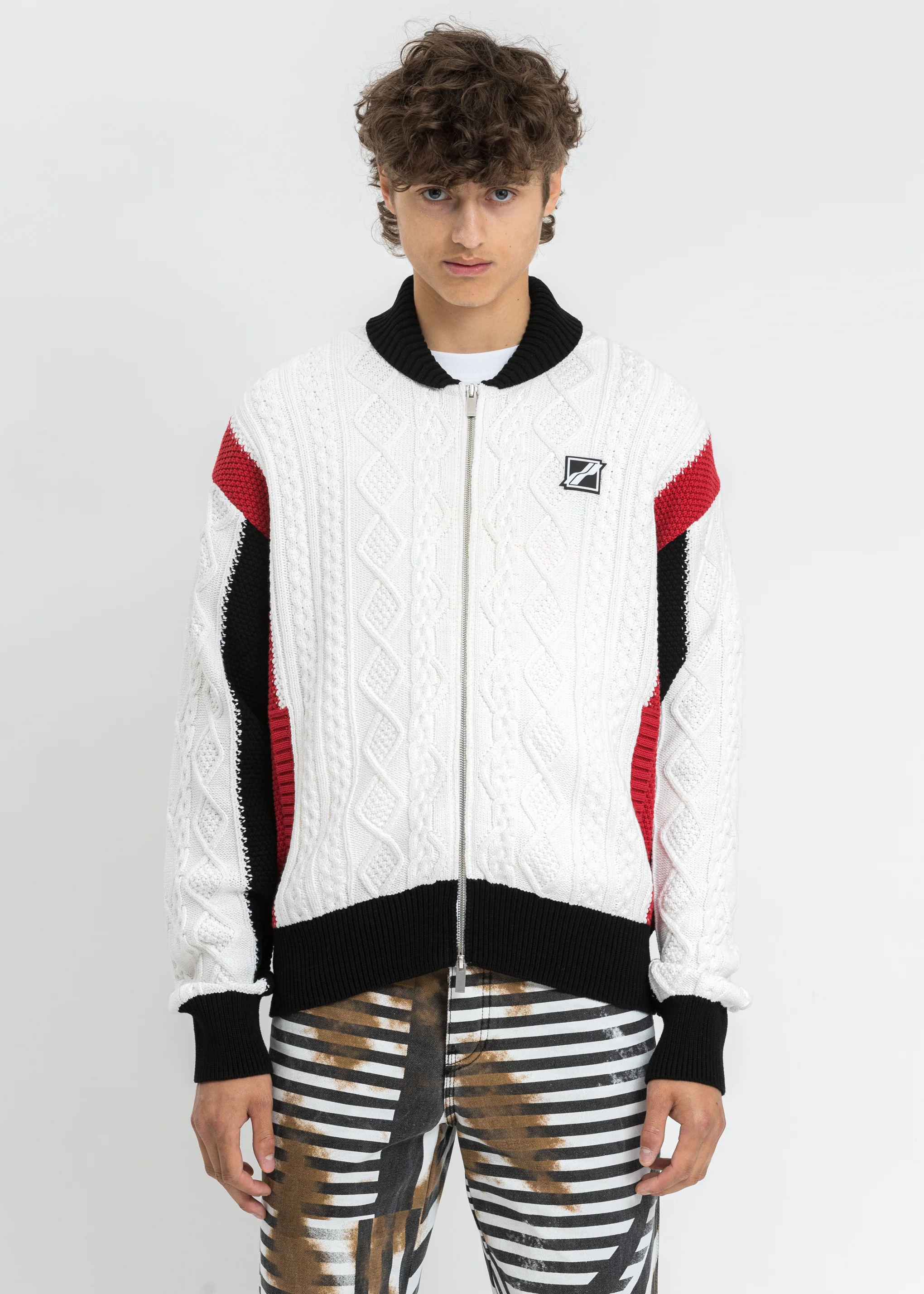 Red SPADE Jacquard Patched Cable Knit Jacket