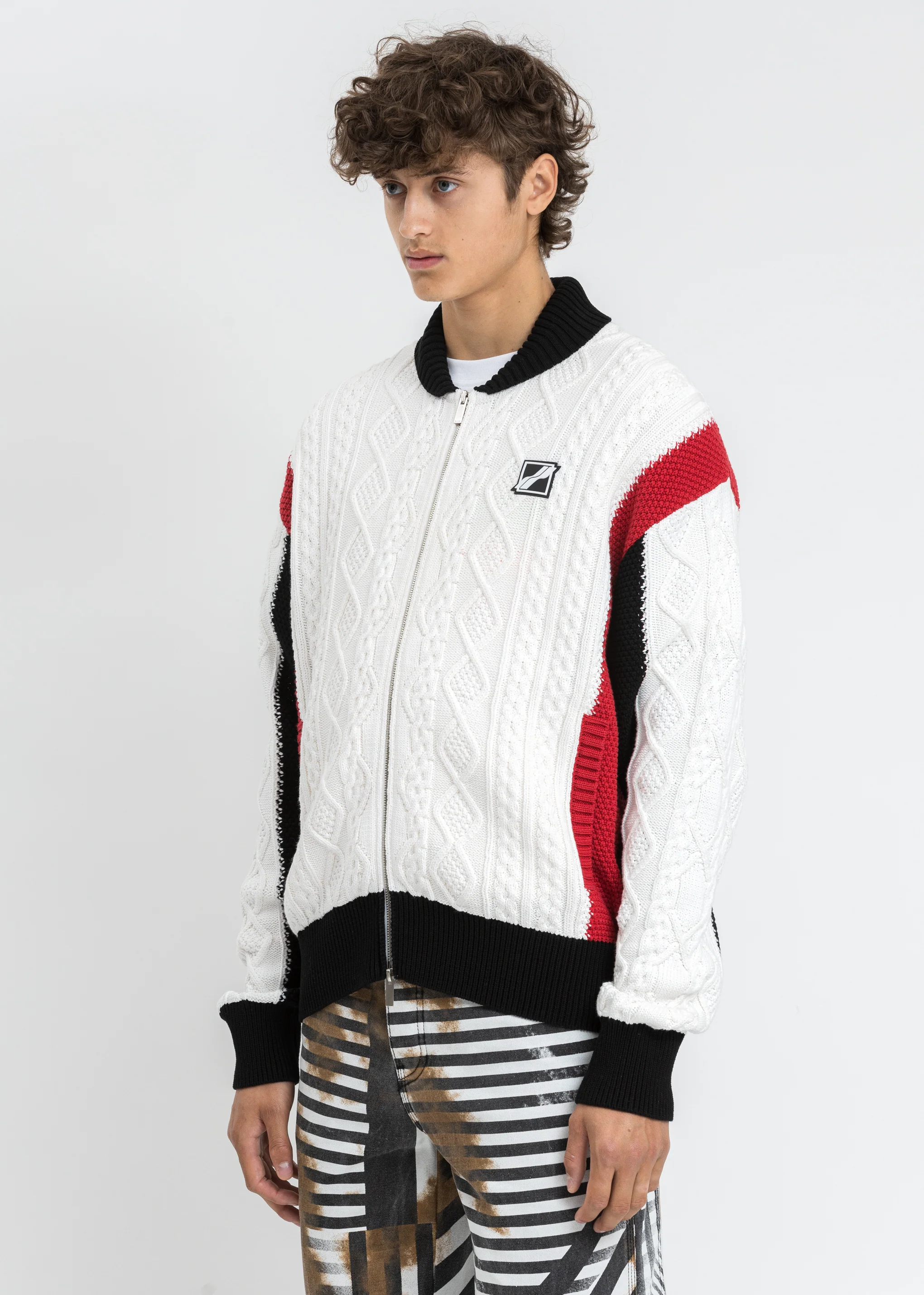 Red SPADE Jacquard Patched Cable Knit Jacket - Image 3