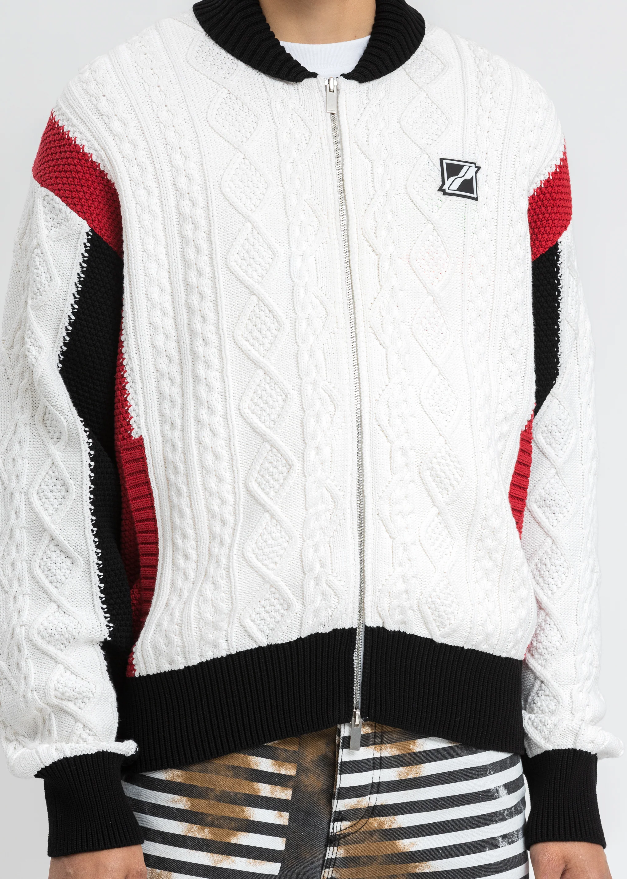 Red SPADE Jacquard Patched Cable Knit Jacket - Image 4