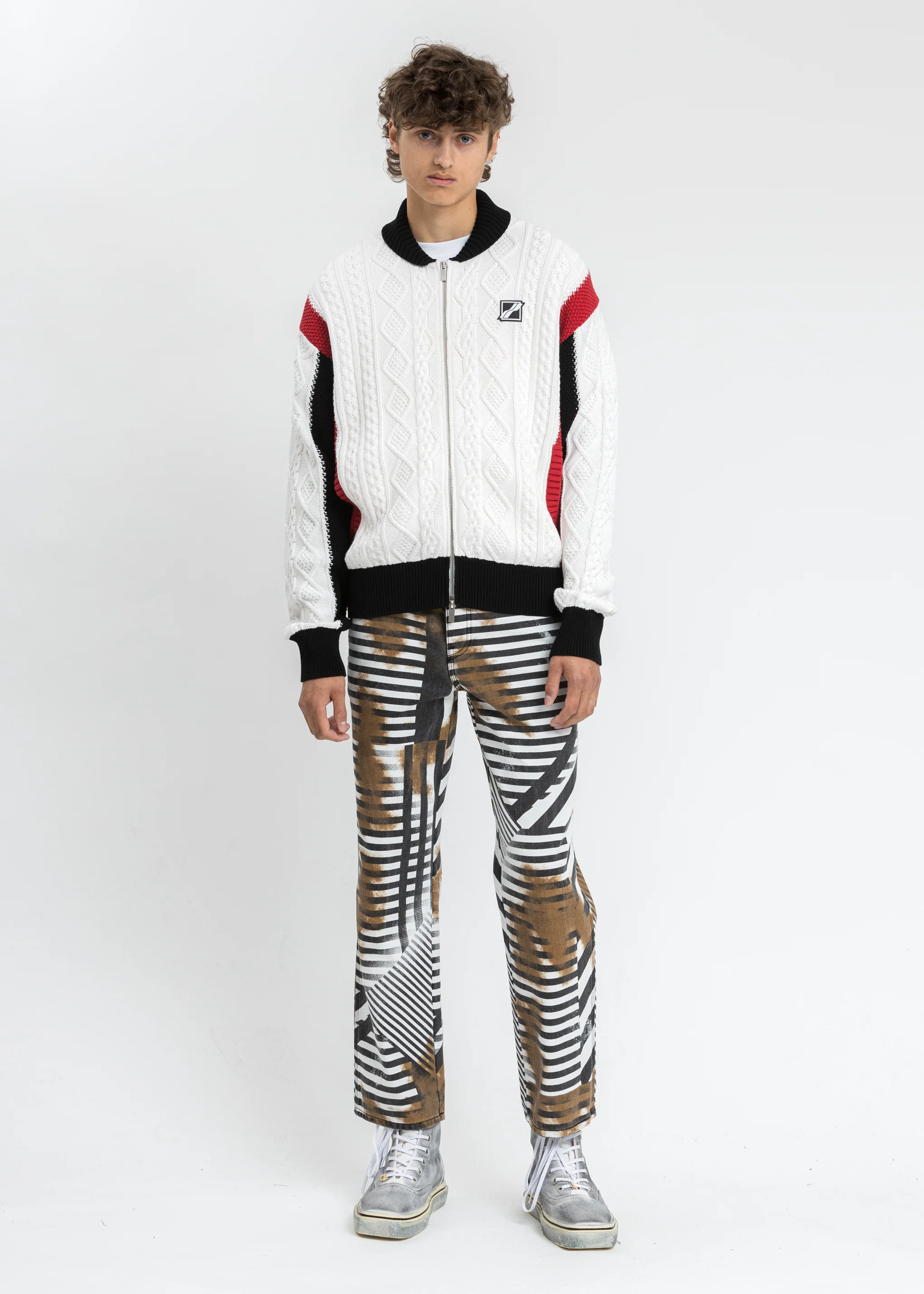 Red SPADE Jacquard Patched Cable Knit Jacket - Image 5