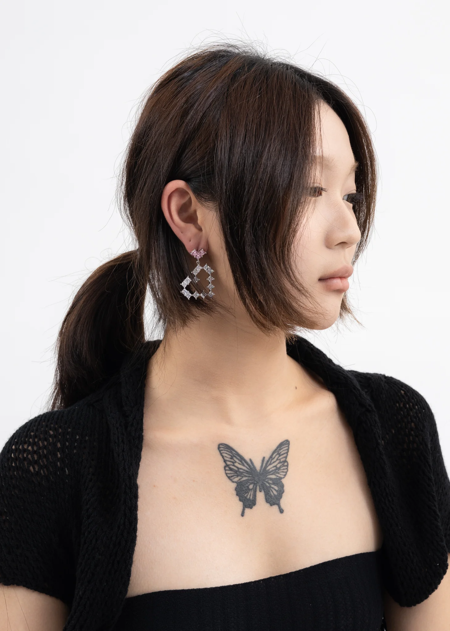 Rhinestone Two Hearts Earring - Single - Image 2