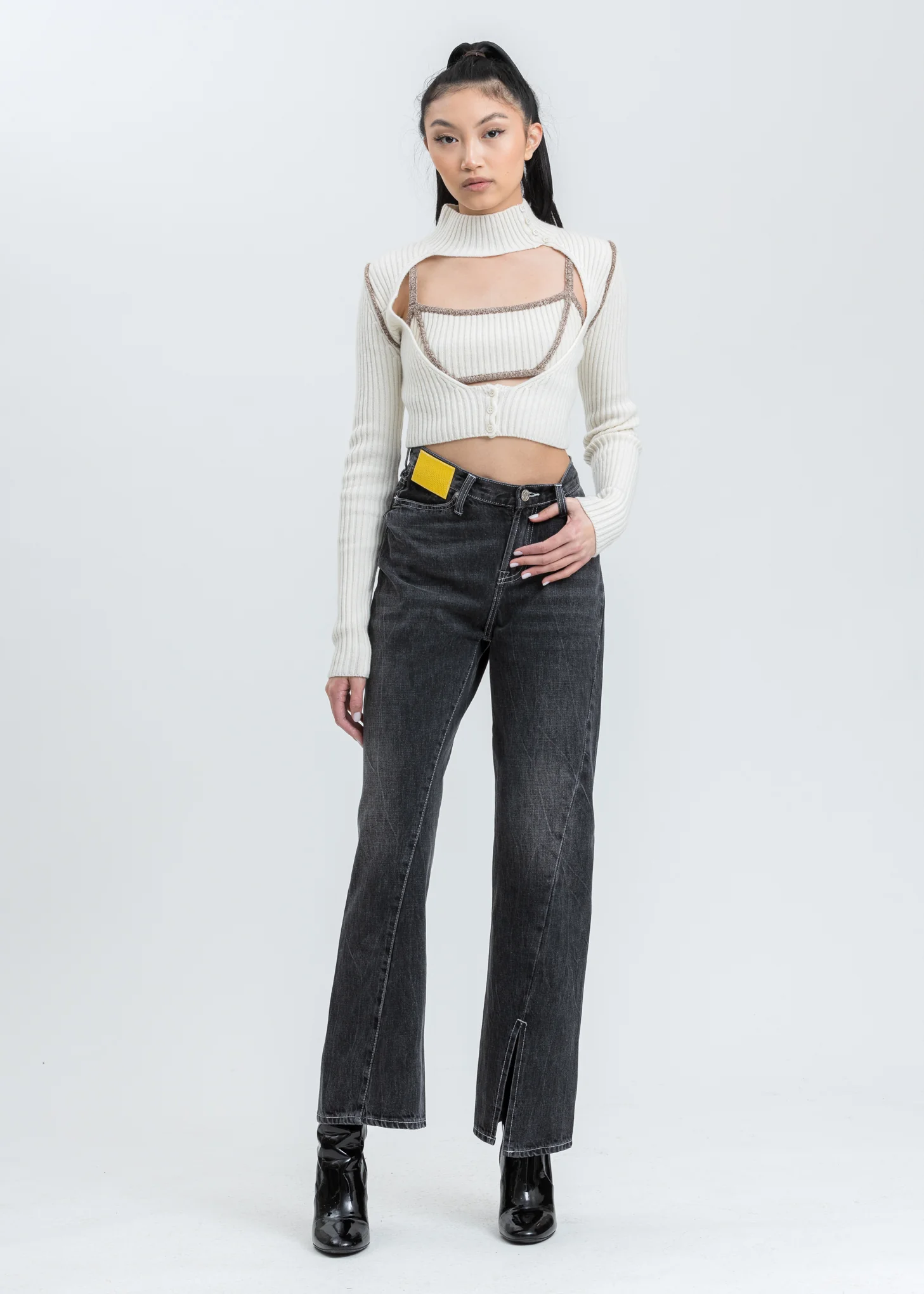 Cream Rib Knit Geo Cutout Cardigan - Image 5