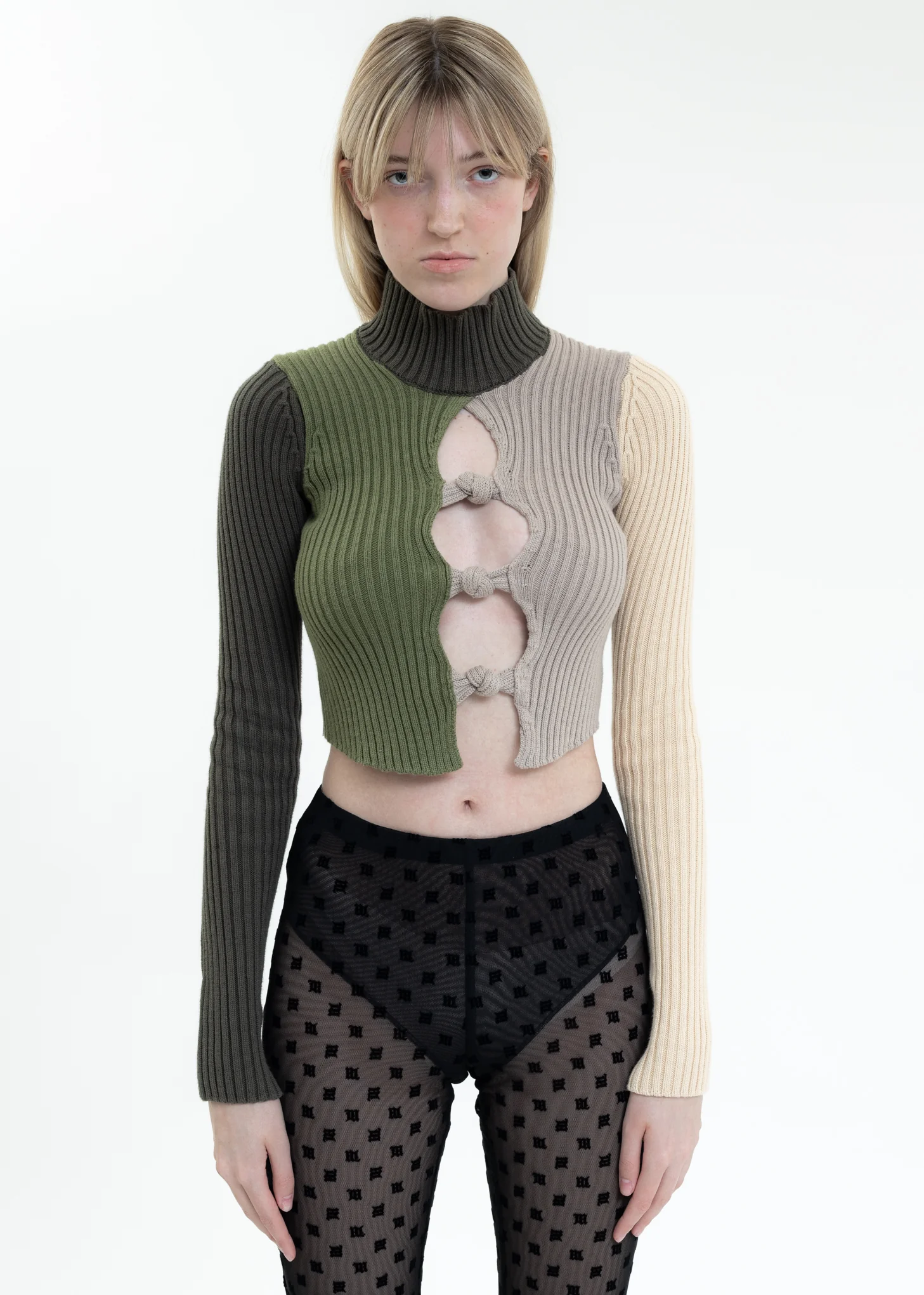Multicolor Rib Knit Knotted Long Sleeve Top
