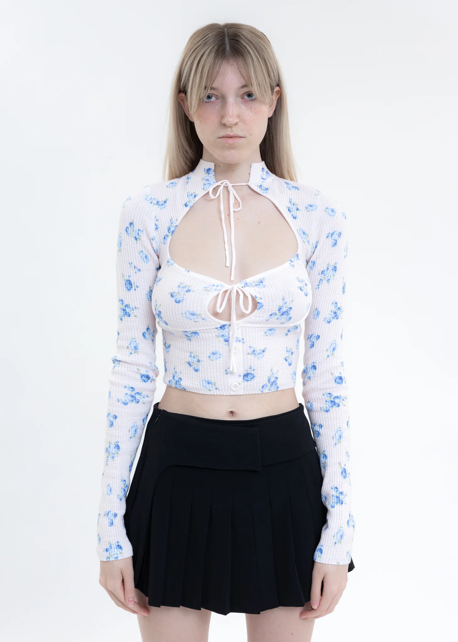 Ruched Blue Rose Print Top