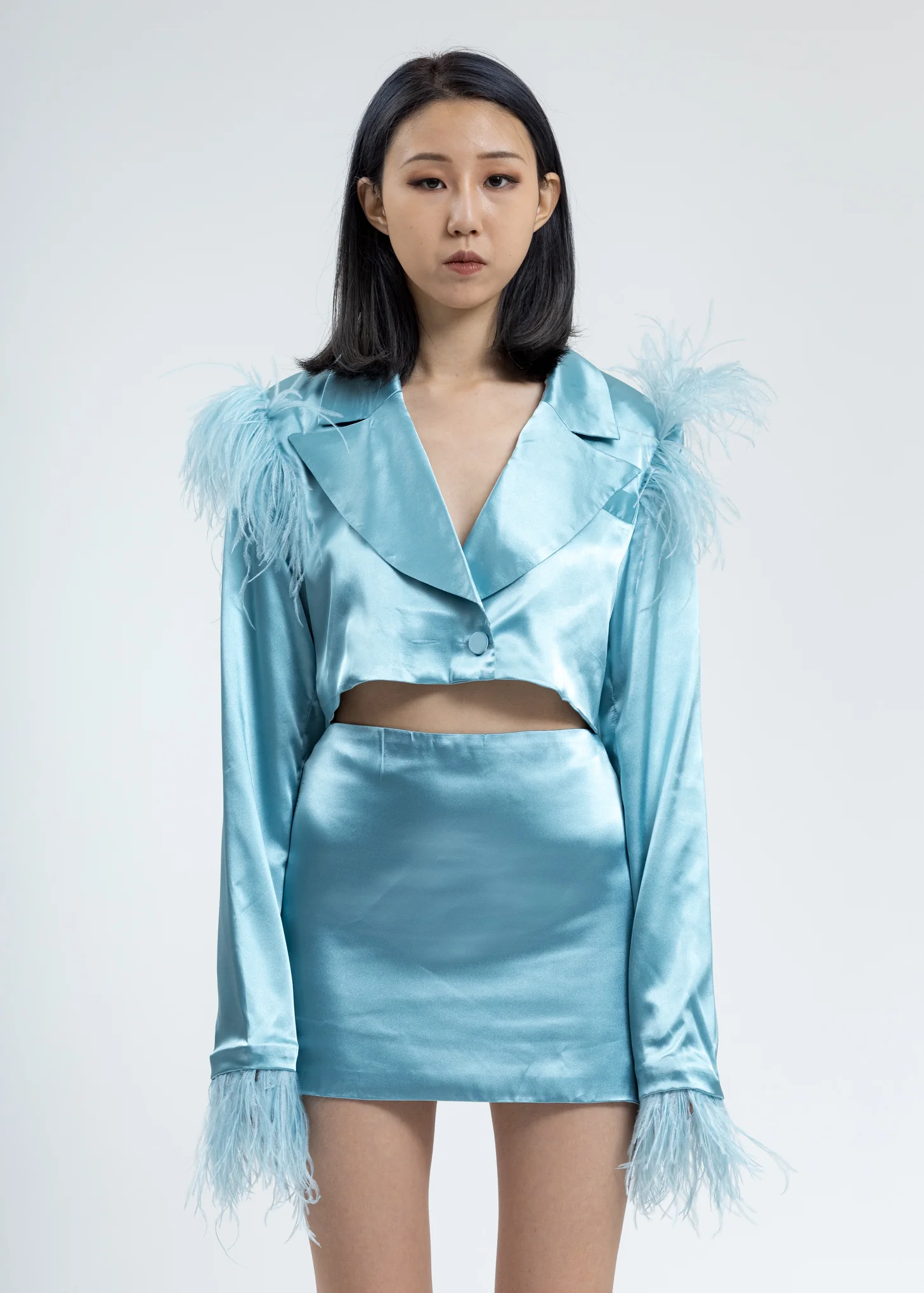 Seafoam Green Feather Double Breasted Cropped Blazer