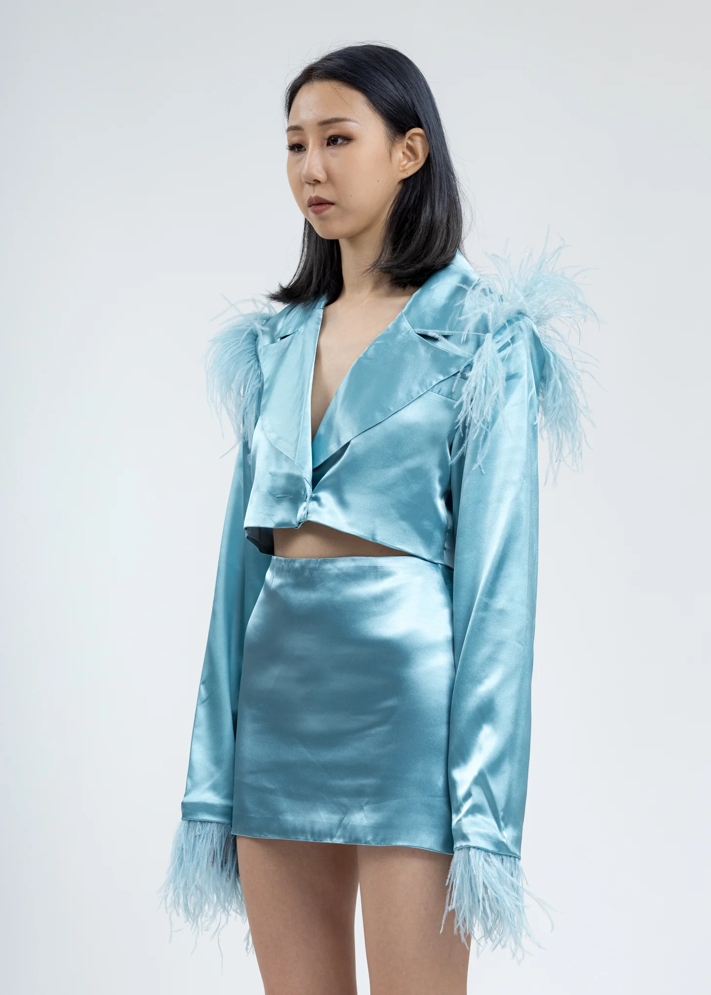 Seafoam Green Feather Double Breasted Cropped Blazer - Image 3