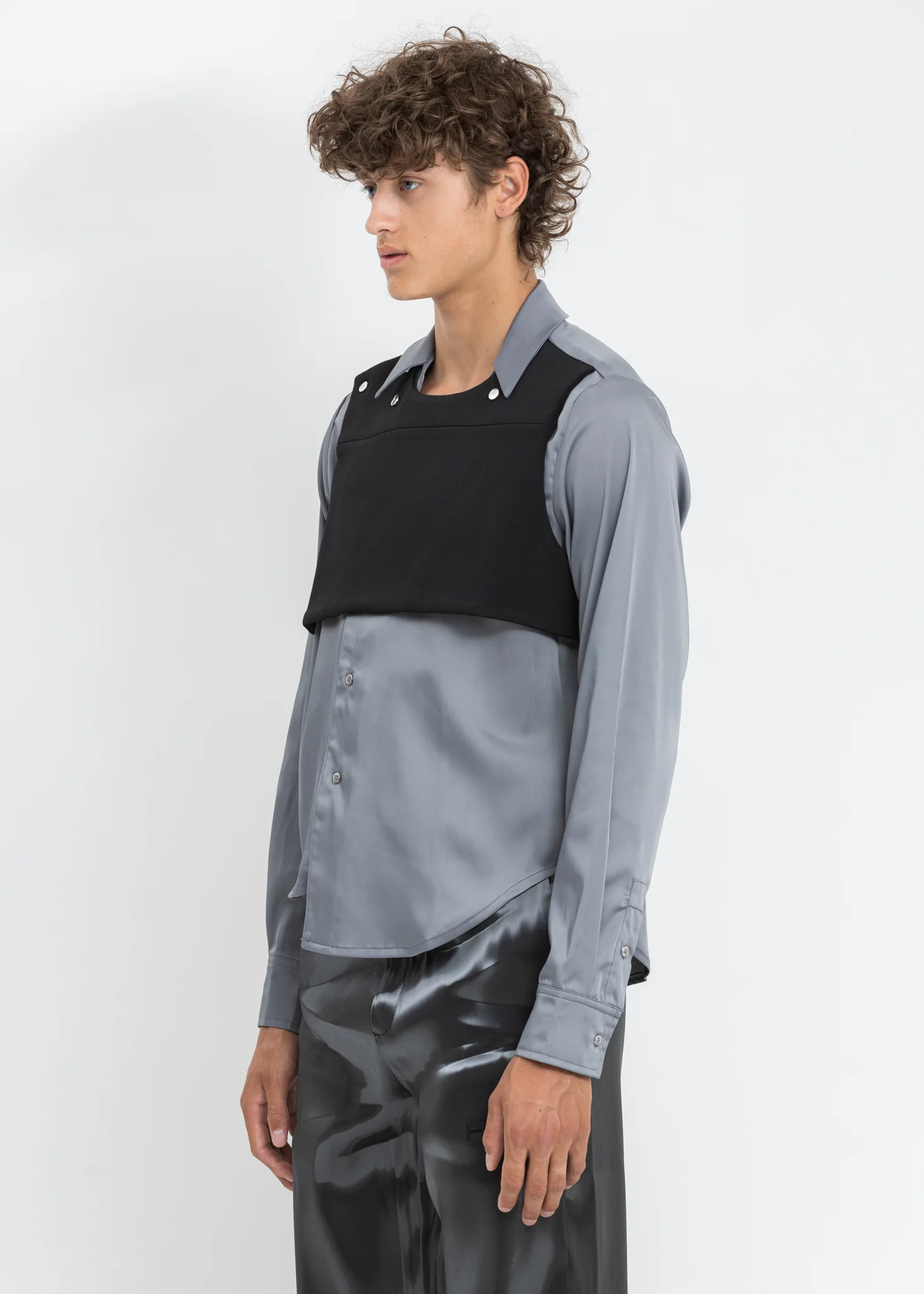 Grey Silk Rib Vested Shirt - Image 3