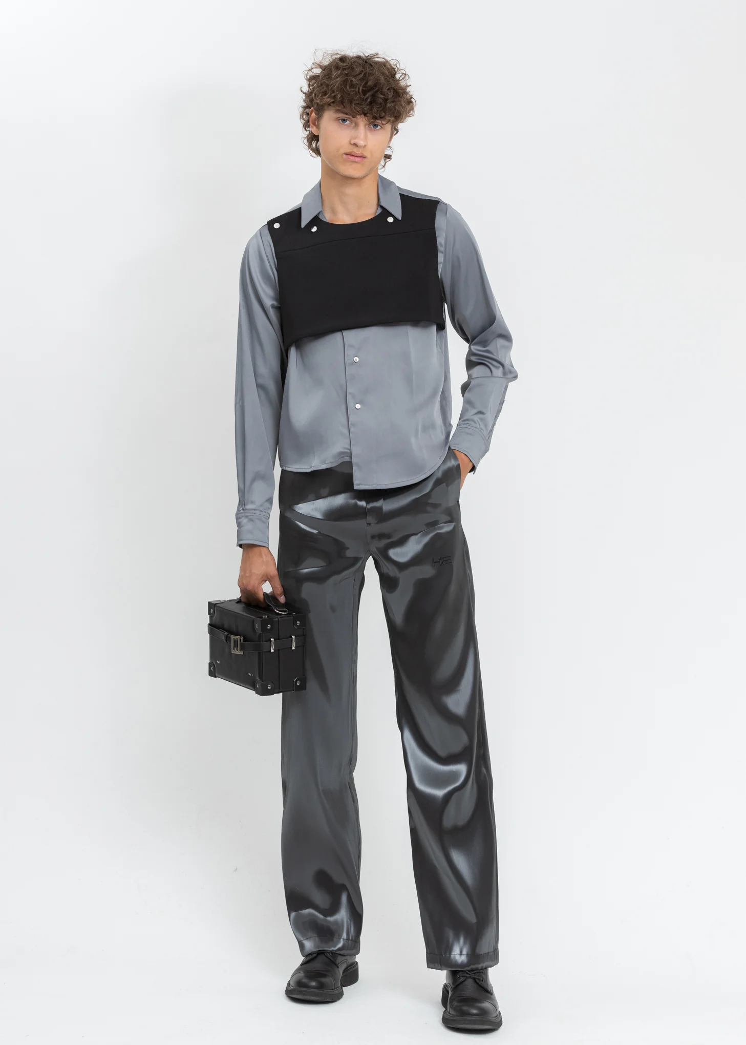 Grey Silk Rib Vested Shirt - Image 7