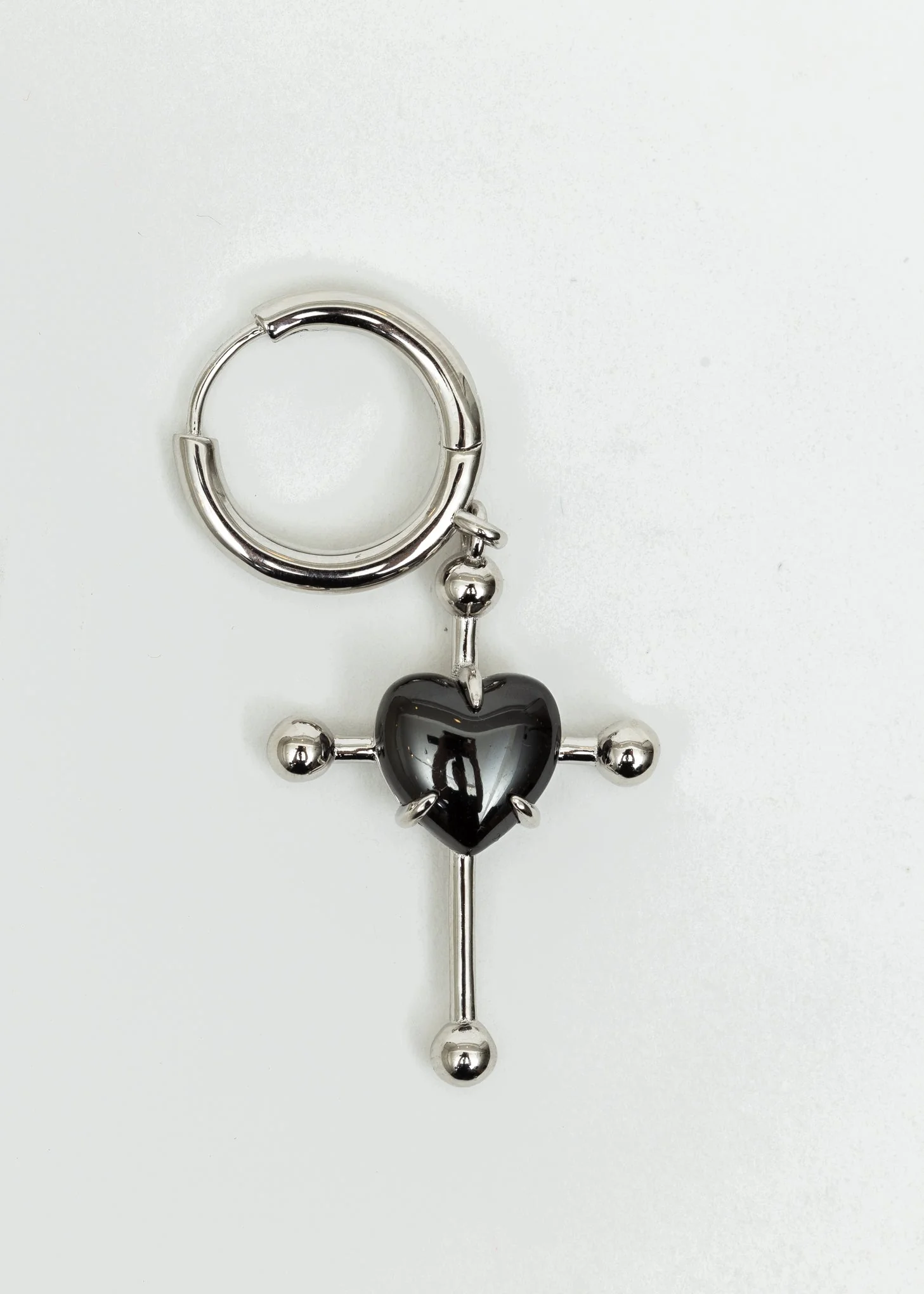 Silver and Black Heart Cross Earring - Single