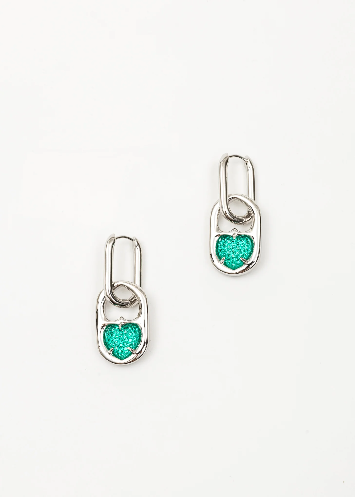 Silver And Green Two Ways Hearts Earring -Single