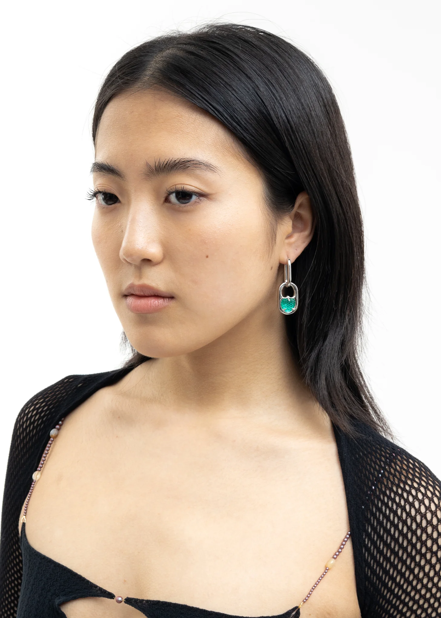 Silver And Green Two Ways Hearts Earring -Single - Image 2