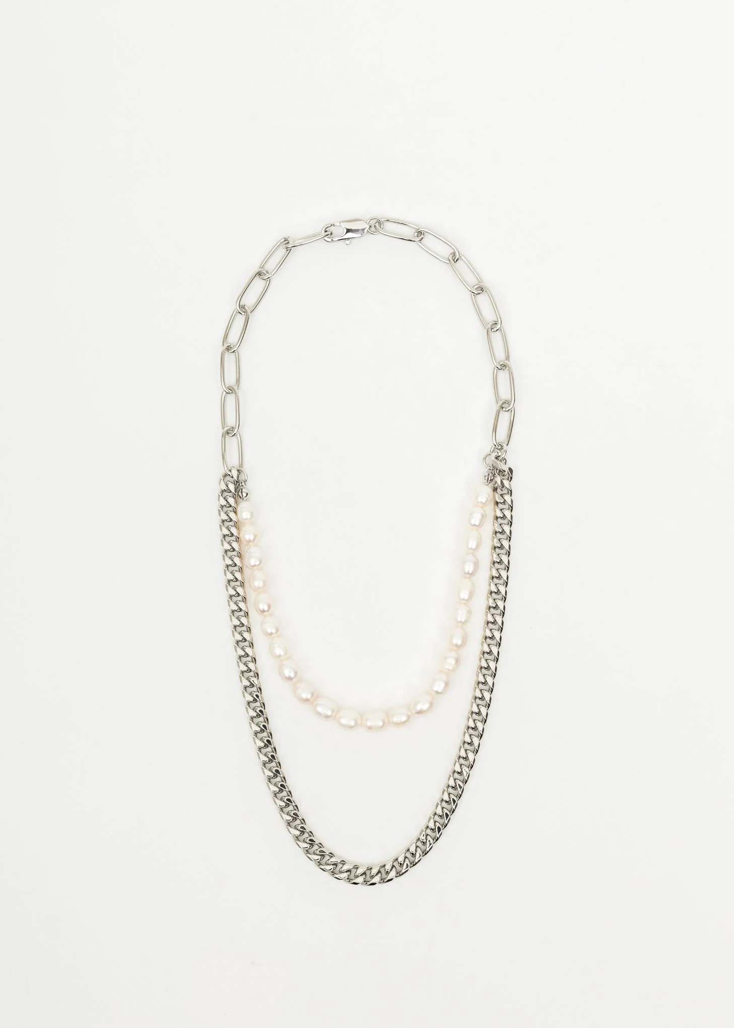 Silver And Pearl Mix Chains Necklace
