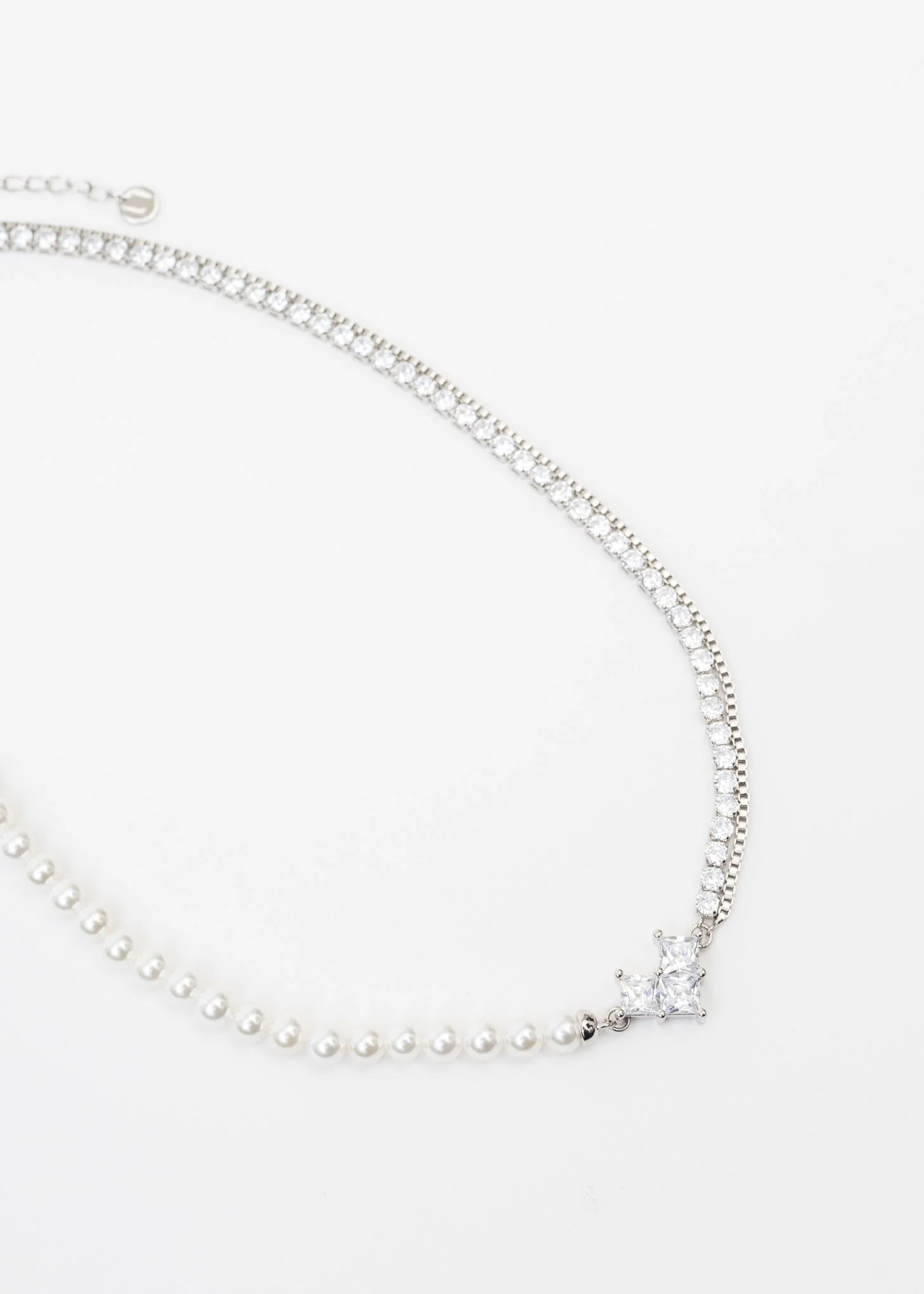 Silver, Pearl And Rhinestone Patchwork Mix Chains Necklace
