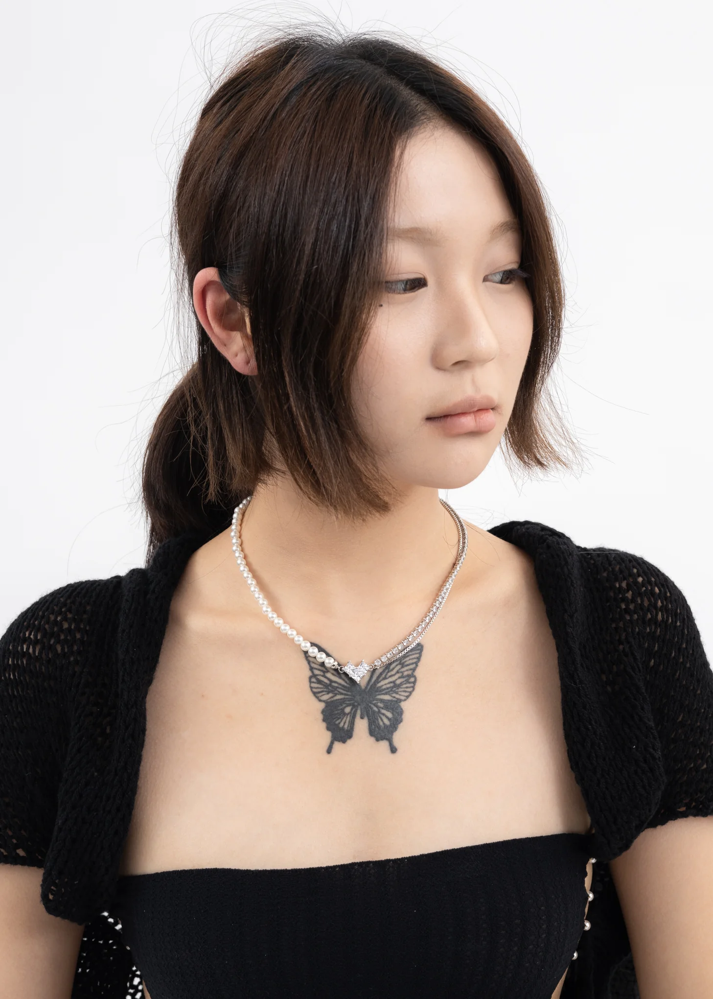 Silver, Pearl And Rhinestone Patchwork Mix Chains Necklace - Image 2