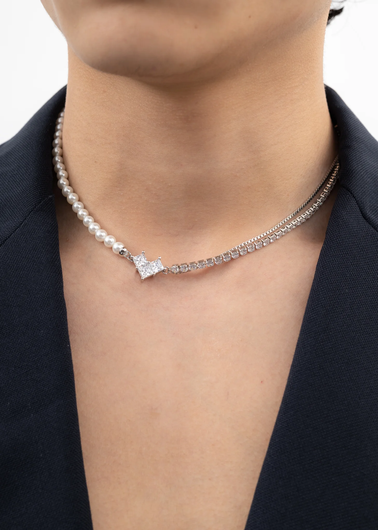 Silver, Pearl And Rhinestone Patchwork Mix Chains Necklace - Image 3