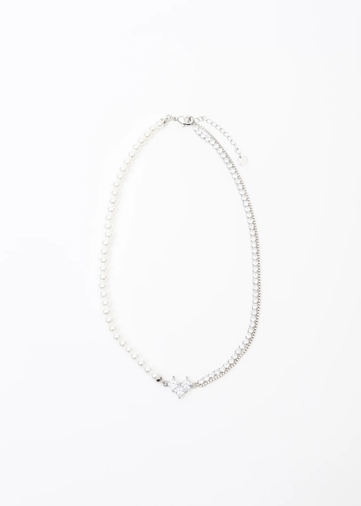 Silver, Pearl And Rhinestone Patchwork Mix Chains Necklace - Image 4