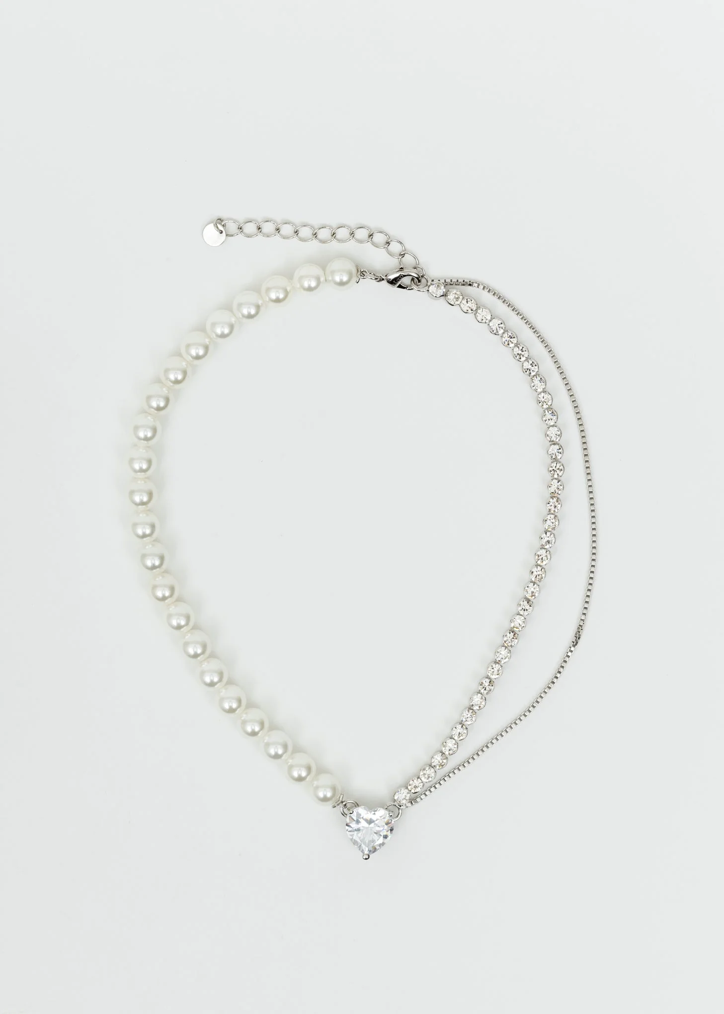 Silver And Pearl Mix Necklaces With RHINESTONE HEART