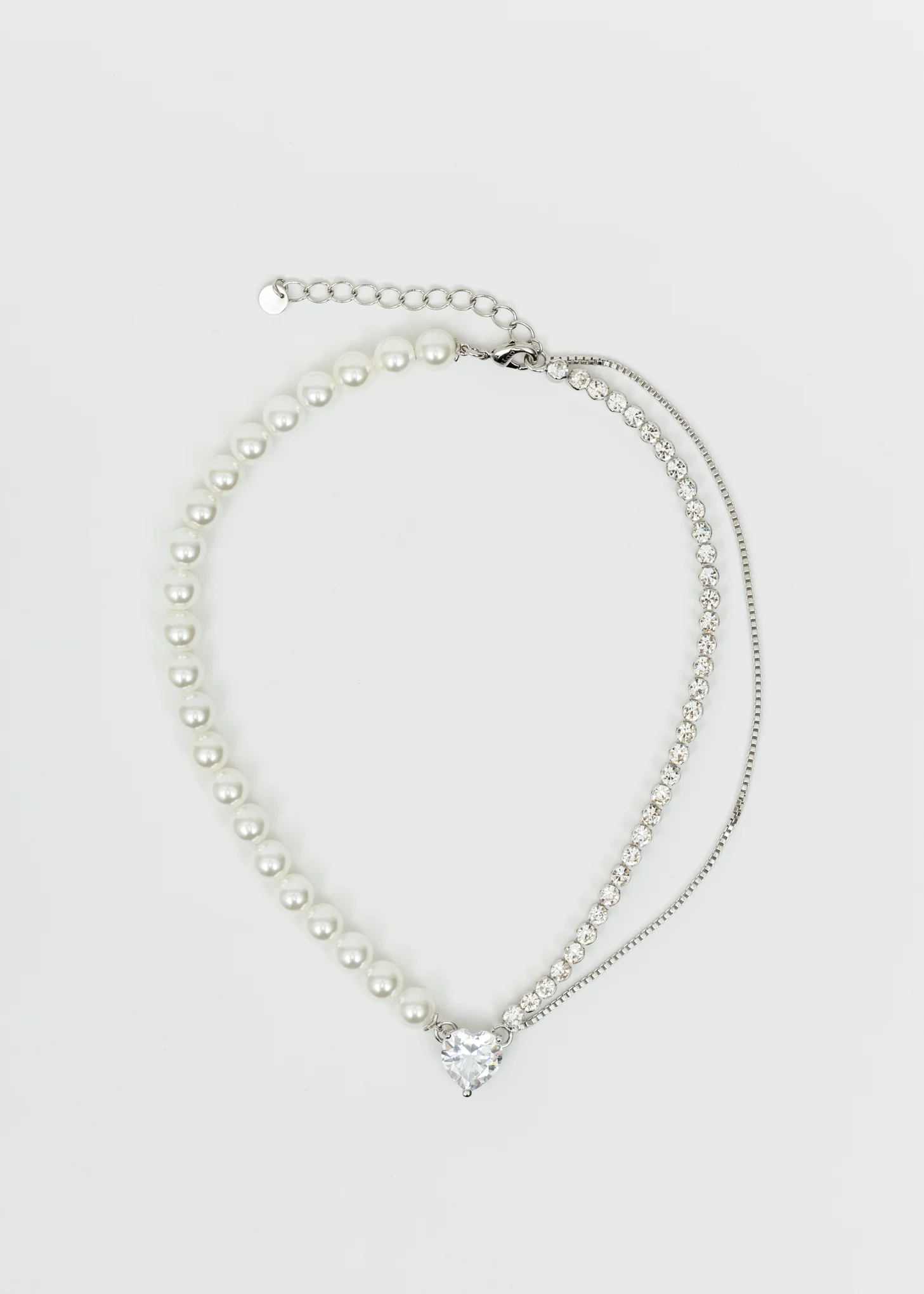 Silver And Pearl Mix Necklaces With RHINESTONE HEART