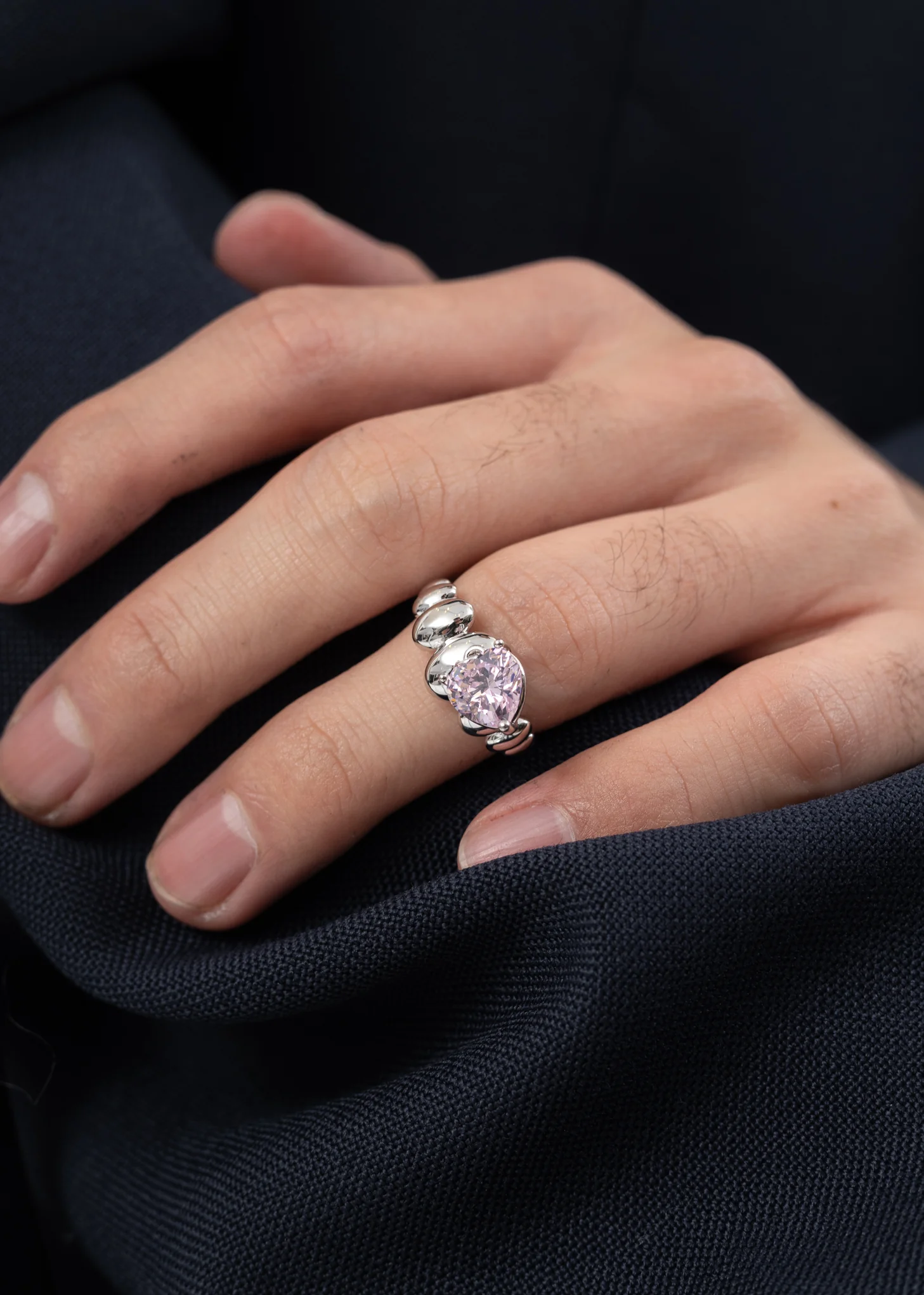 Silver And Pink Heart Drop Ring - Image 2