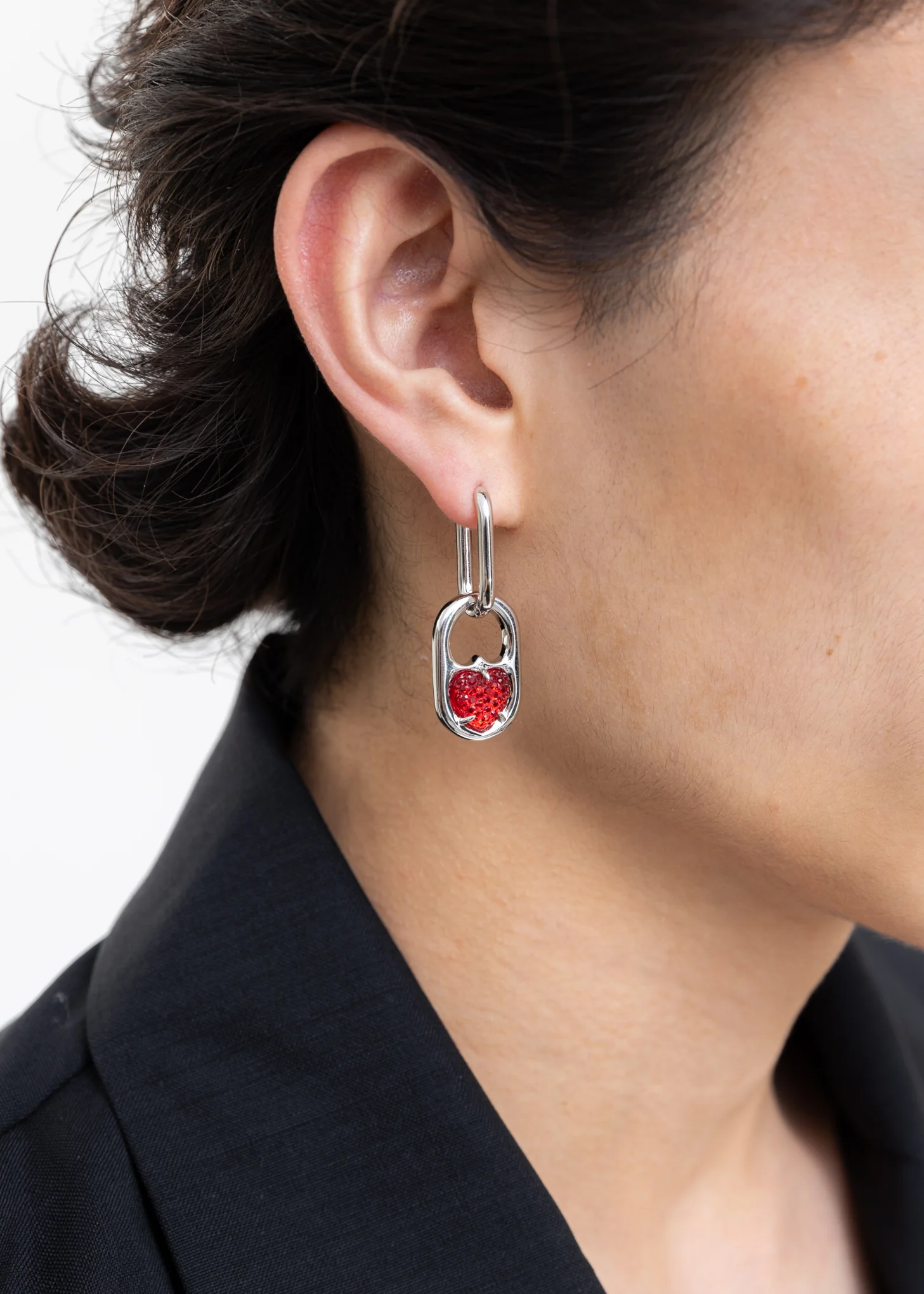 Silver And Red Two Ways Hearts Earring -Single - Image 3