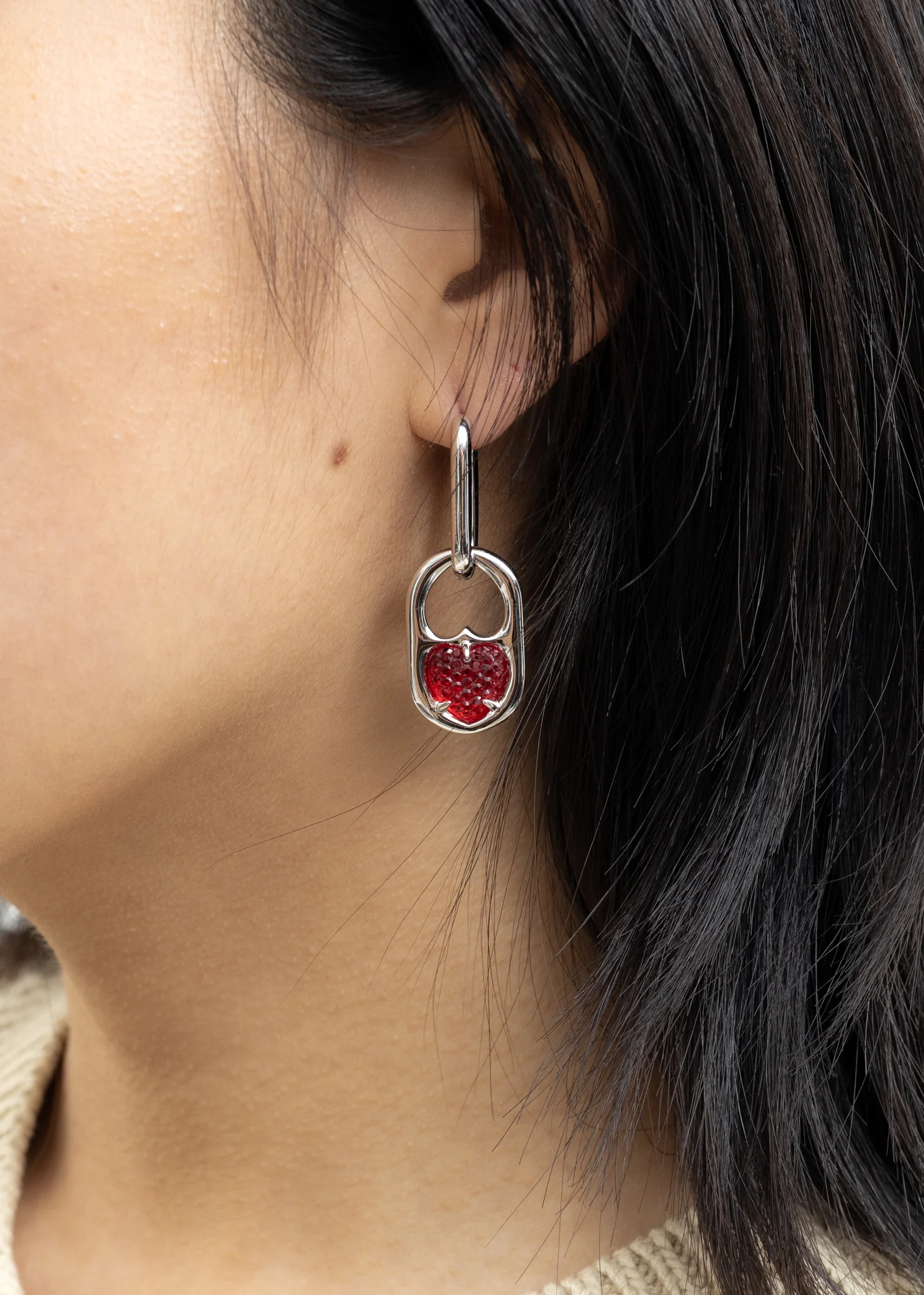 Silver And Red Two Ways Hearts Earring - Single - Image 2