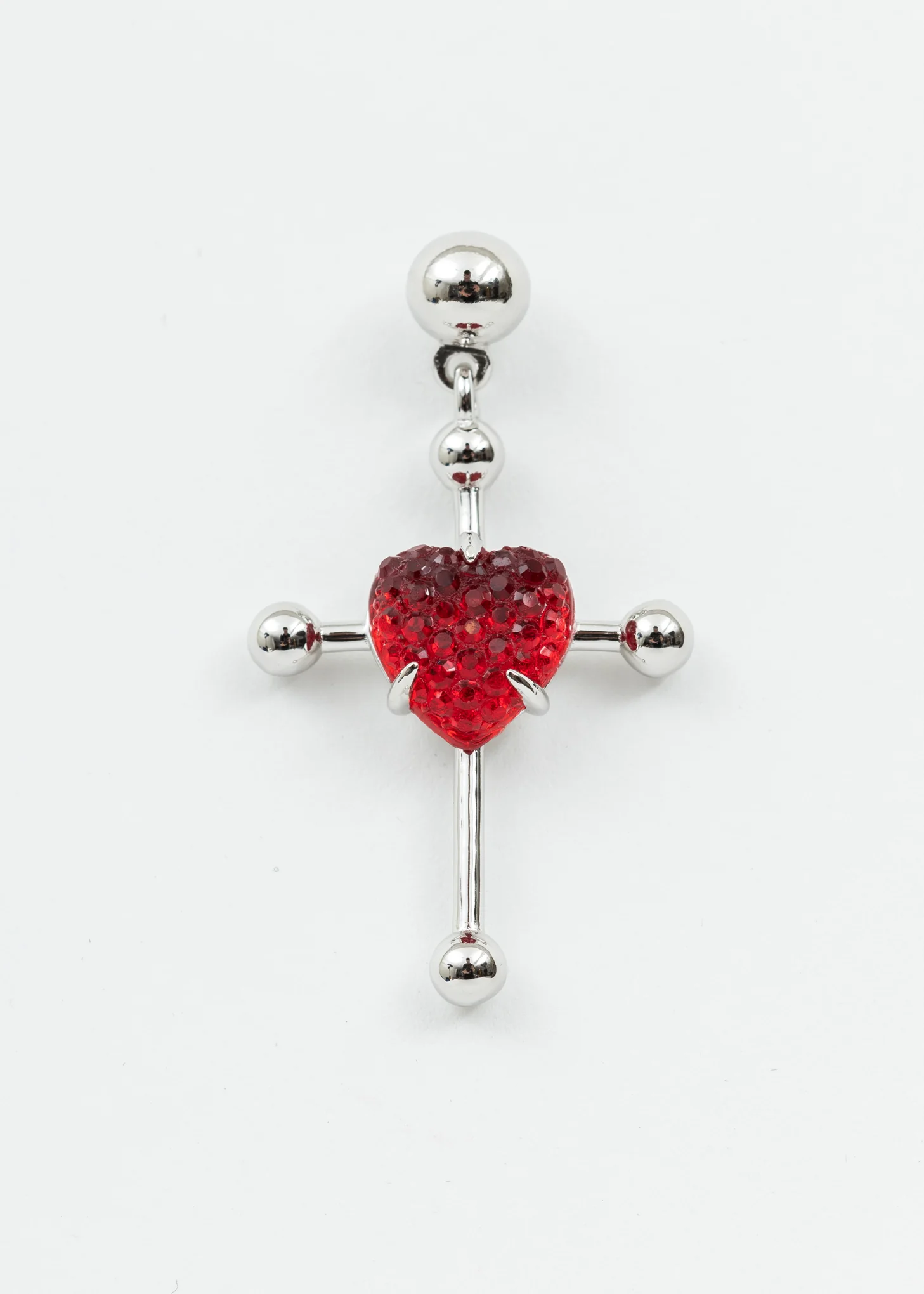Silver And Red Heart Cross Earring - Single
