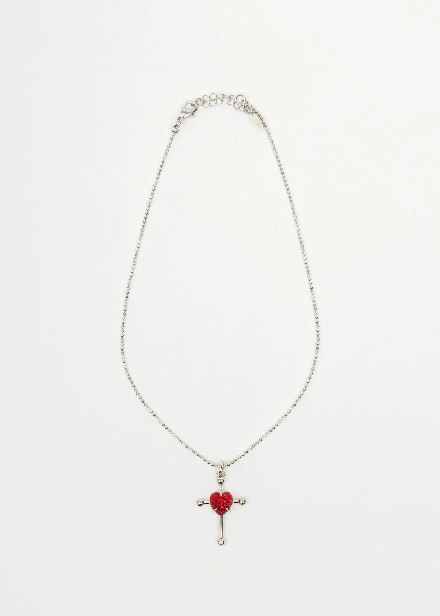 Silver And Red Heart Cross Necklace