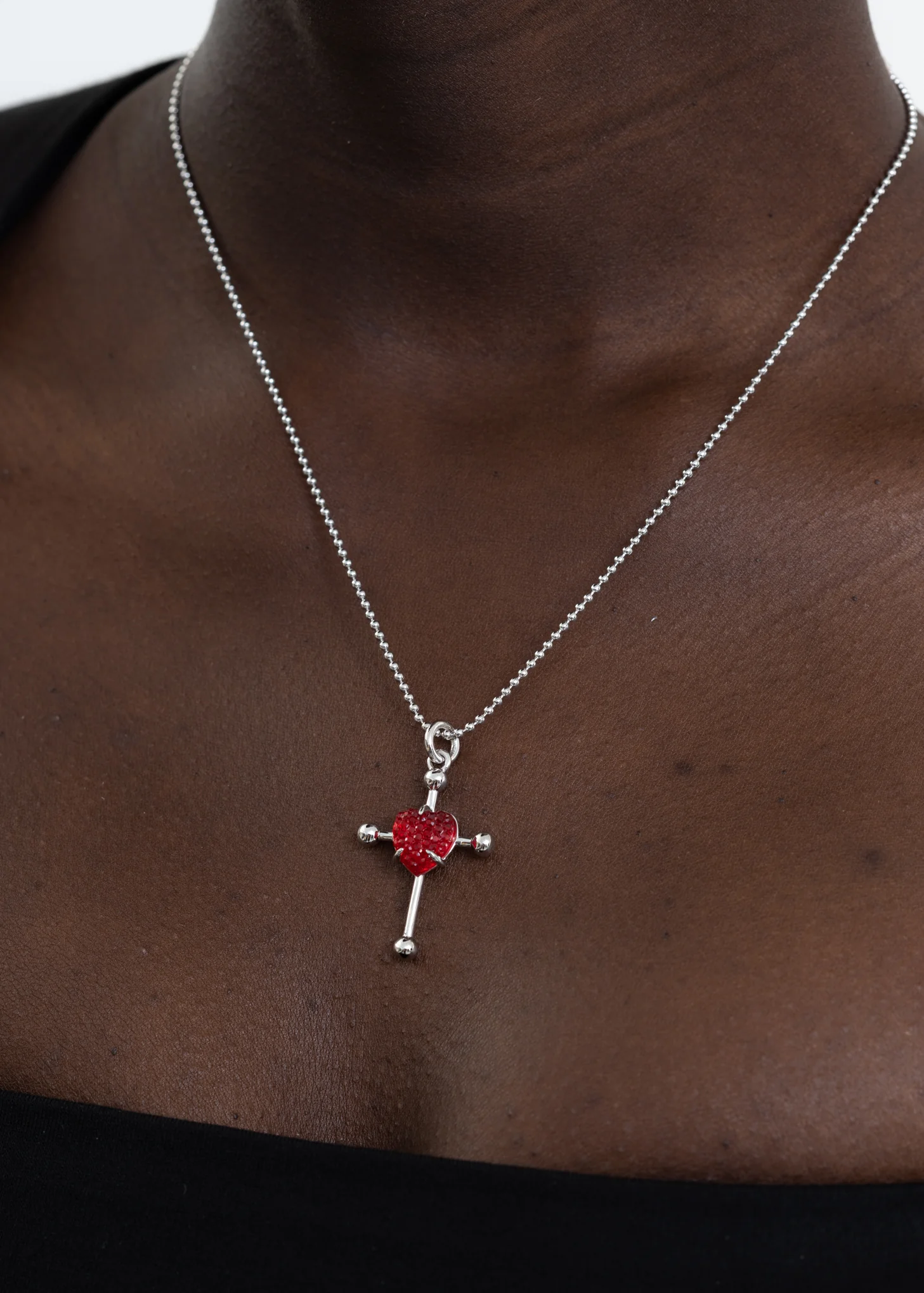 Silver And Red Heart Cross Necklace - Image 3