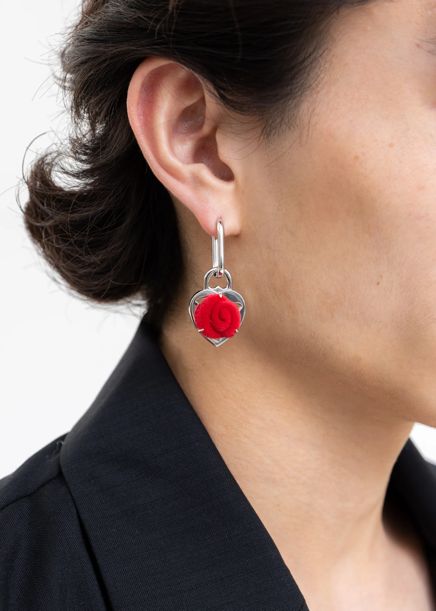 Silver And Red Velvet Rose Earring -Single - Image 3
